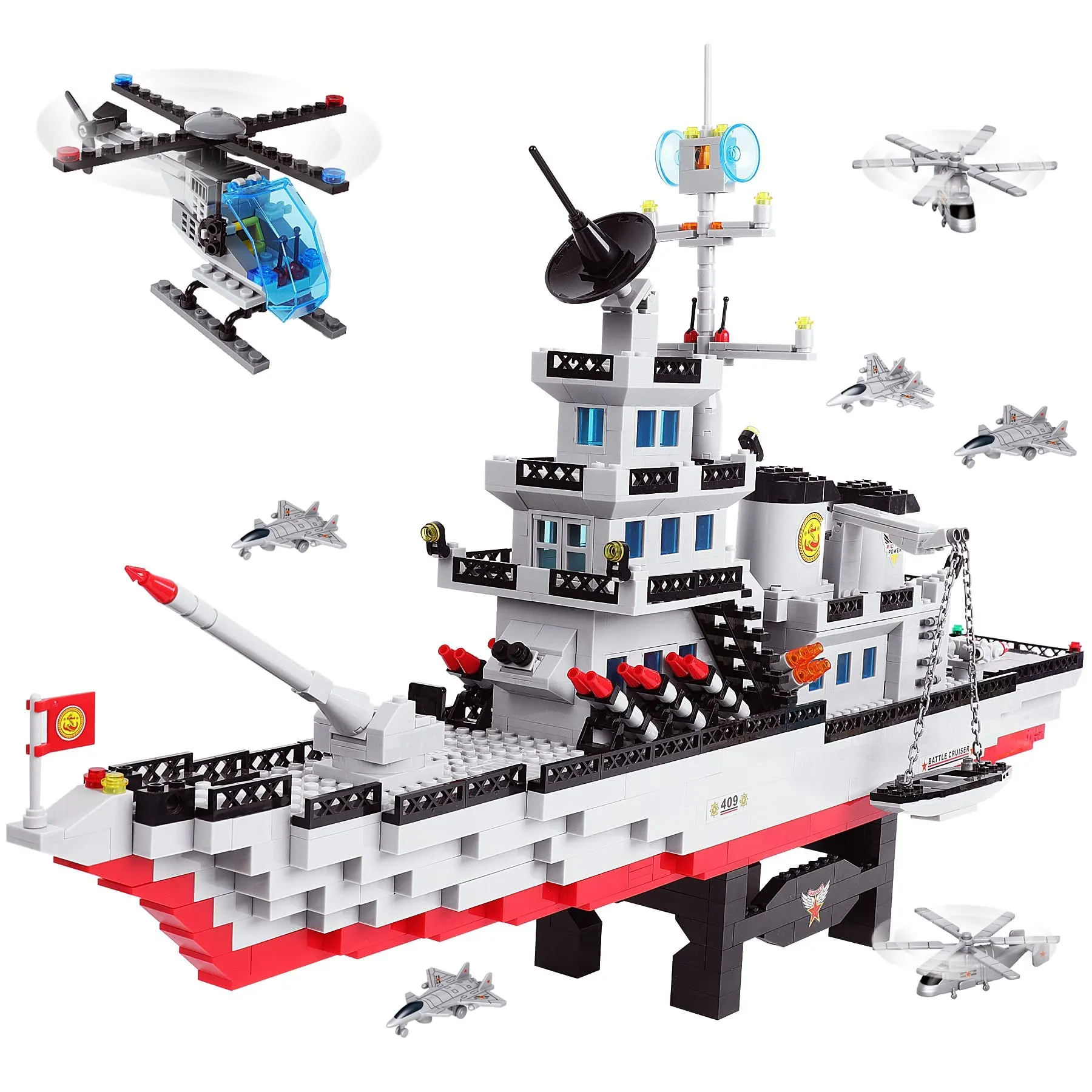 1163 Pieces Large Military Battleship Building Blocks Toy Set with Helicopter, Fighter, Best Learning & Roleplay STEM Construction Toy Gift for Boys Girls Aged 6 