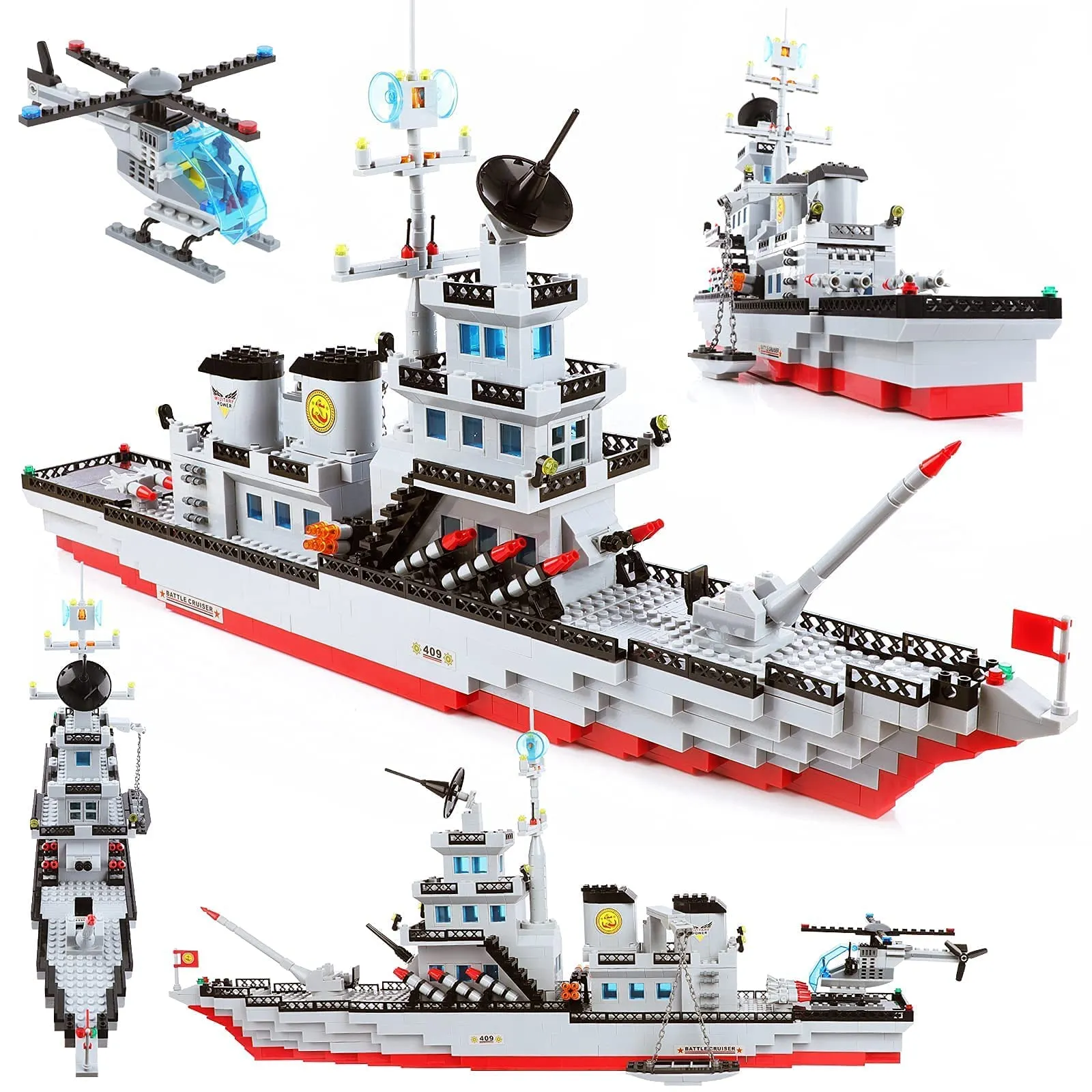 1163 Pieces Large Military Battleship Building Blocks Toy Set with Helicopter, Fighter, Best Learning & Roleplay STEM Construction Toy Gift for Boys Girls Aged 6 