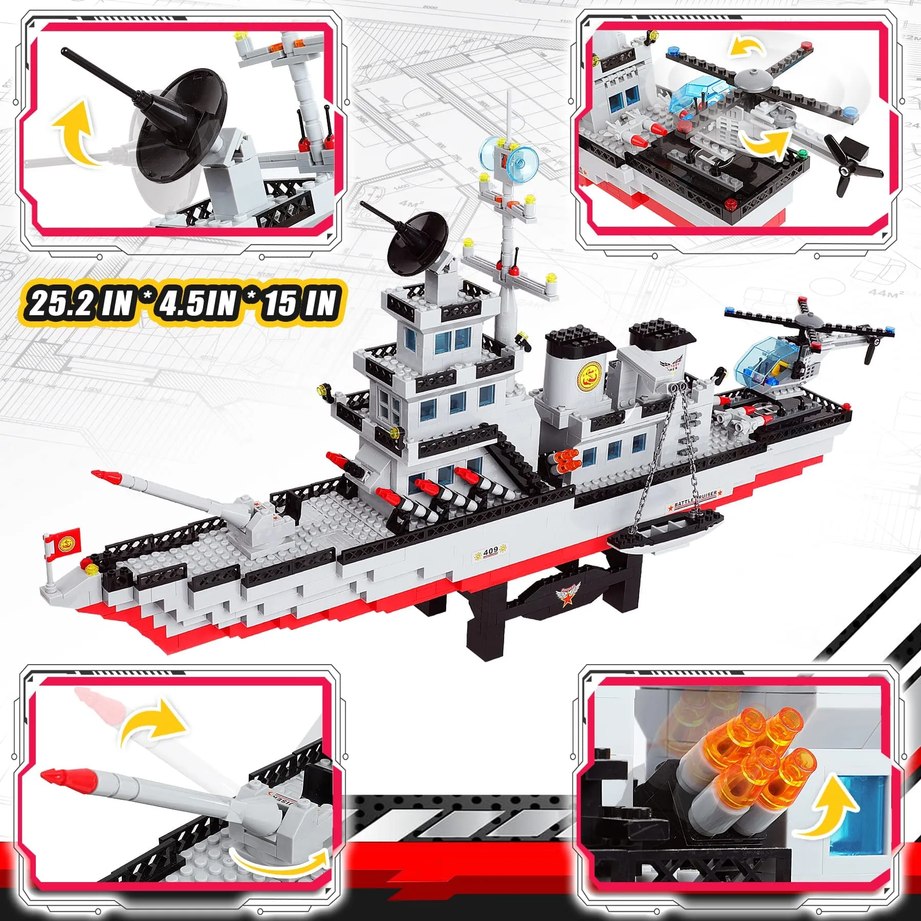 1163 Pieces Large Military Battleship Building Blocks Toy Set with Helicopter, Fighter, Best Learning & Roleplay STEM Construction Toy Gift for Boys Girls Aged 6 