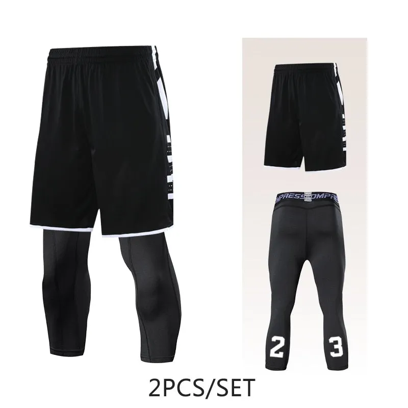 2pcs Set Men Running Shorts Leggings Fitness Compression Sweatpants Gym Jogging Outdoor Sport Basketball Football Clothes v1