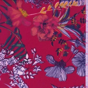 3 1/8 YD PC-Ruby Multi Sketch Floral Double Brushed Jersey Knit Fabric