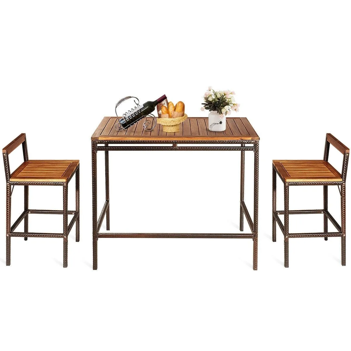 3pc Patio Rattan Bar Dining Furniture Set - Brown