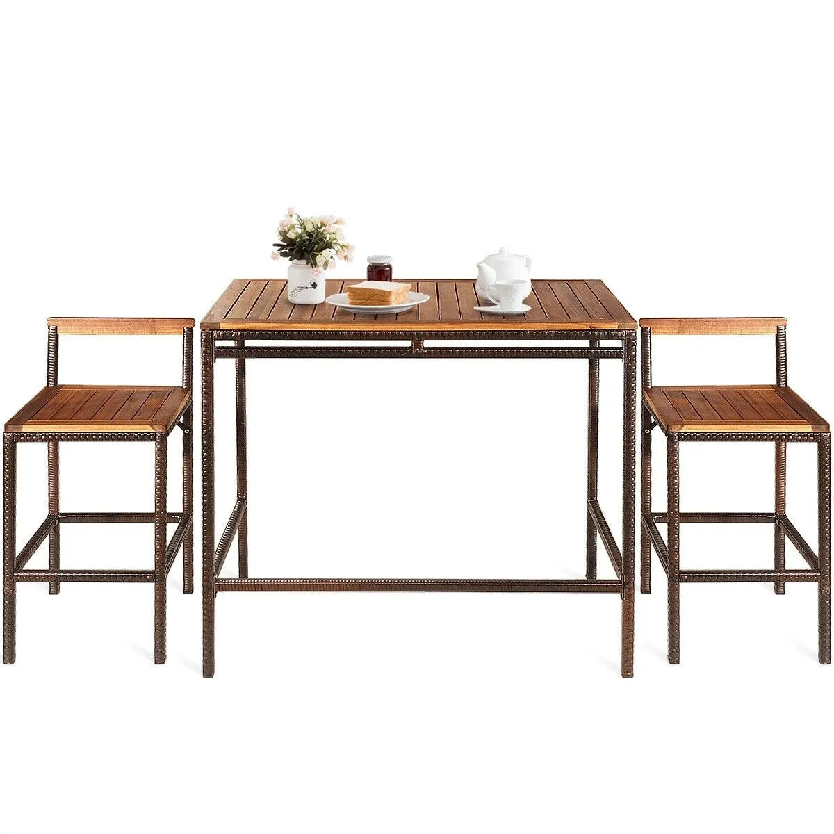 3pc Patio Rattan Bar Dining Furniture Set - Brown