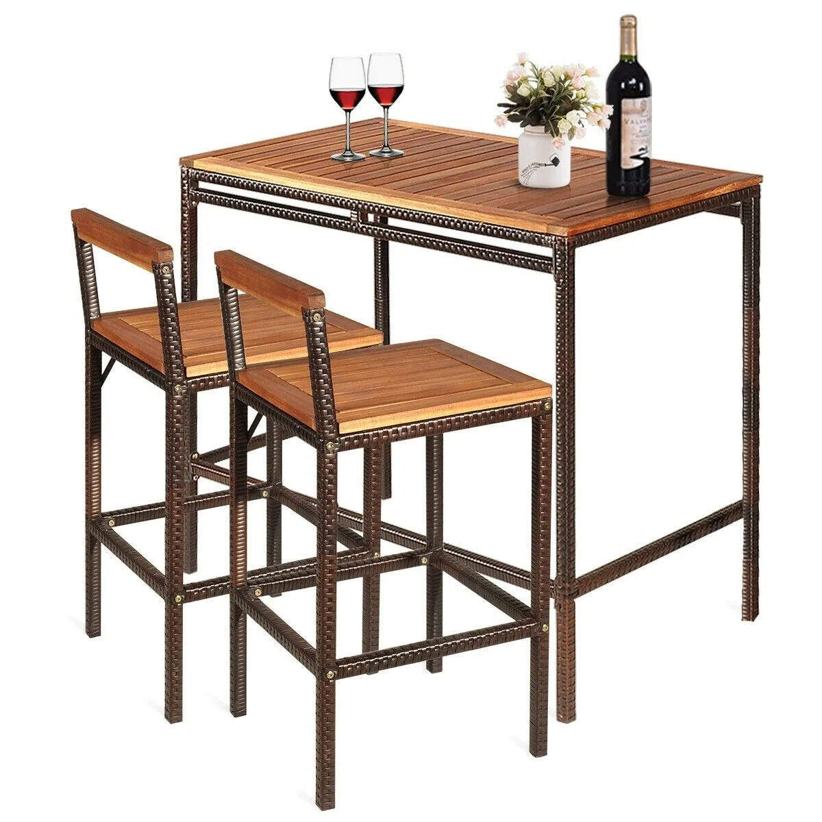 3pc Patio Rattan Bar Dining Furniture Set - Brown