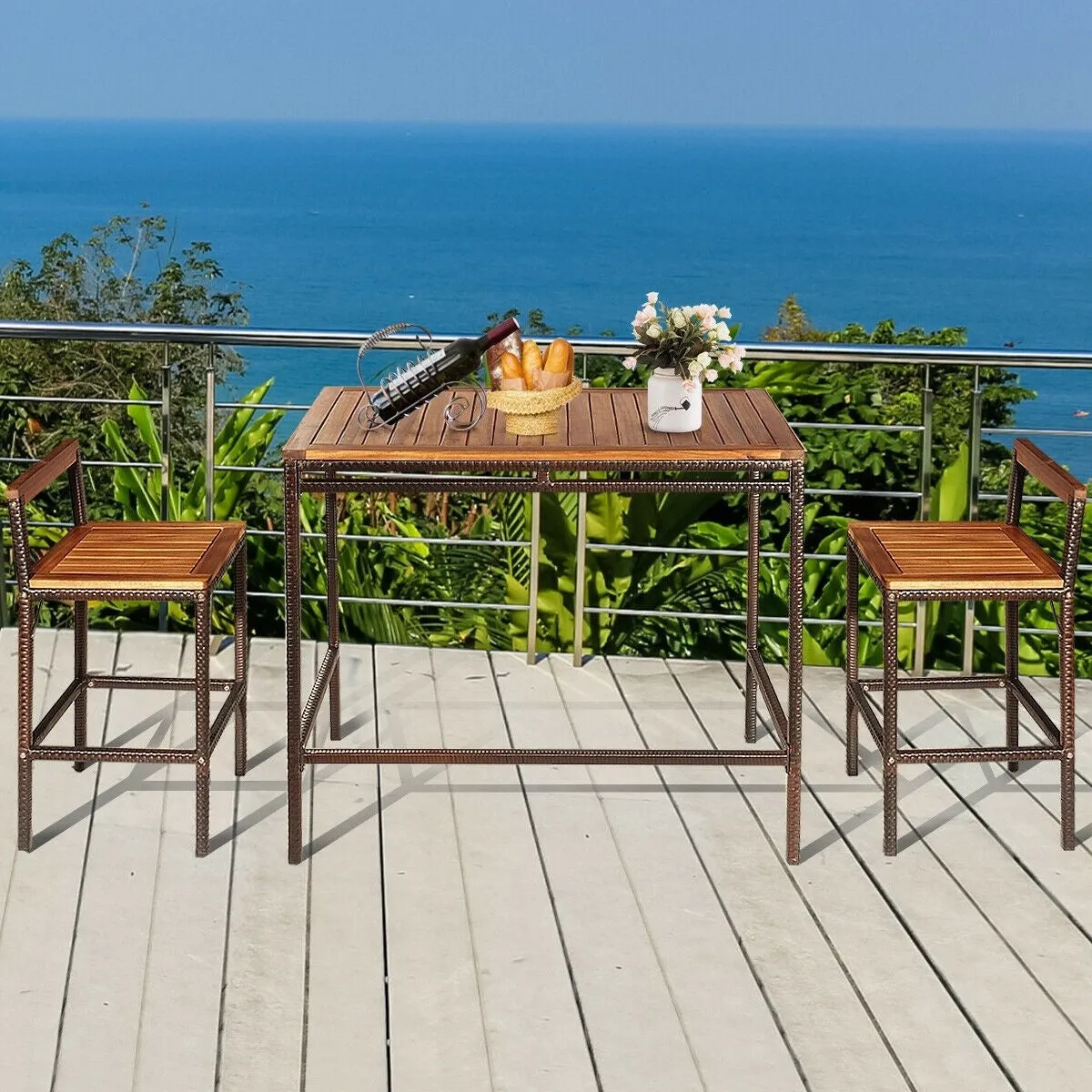 3pc Patio Rattan Bar Dining Furniture Set - Brown