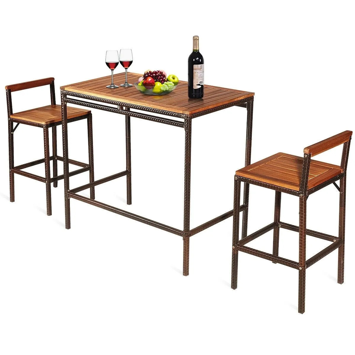 3pc Patio Rattan Bar Dining Furniture Set - Brown