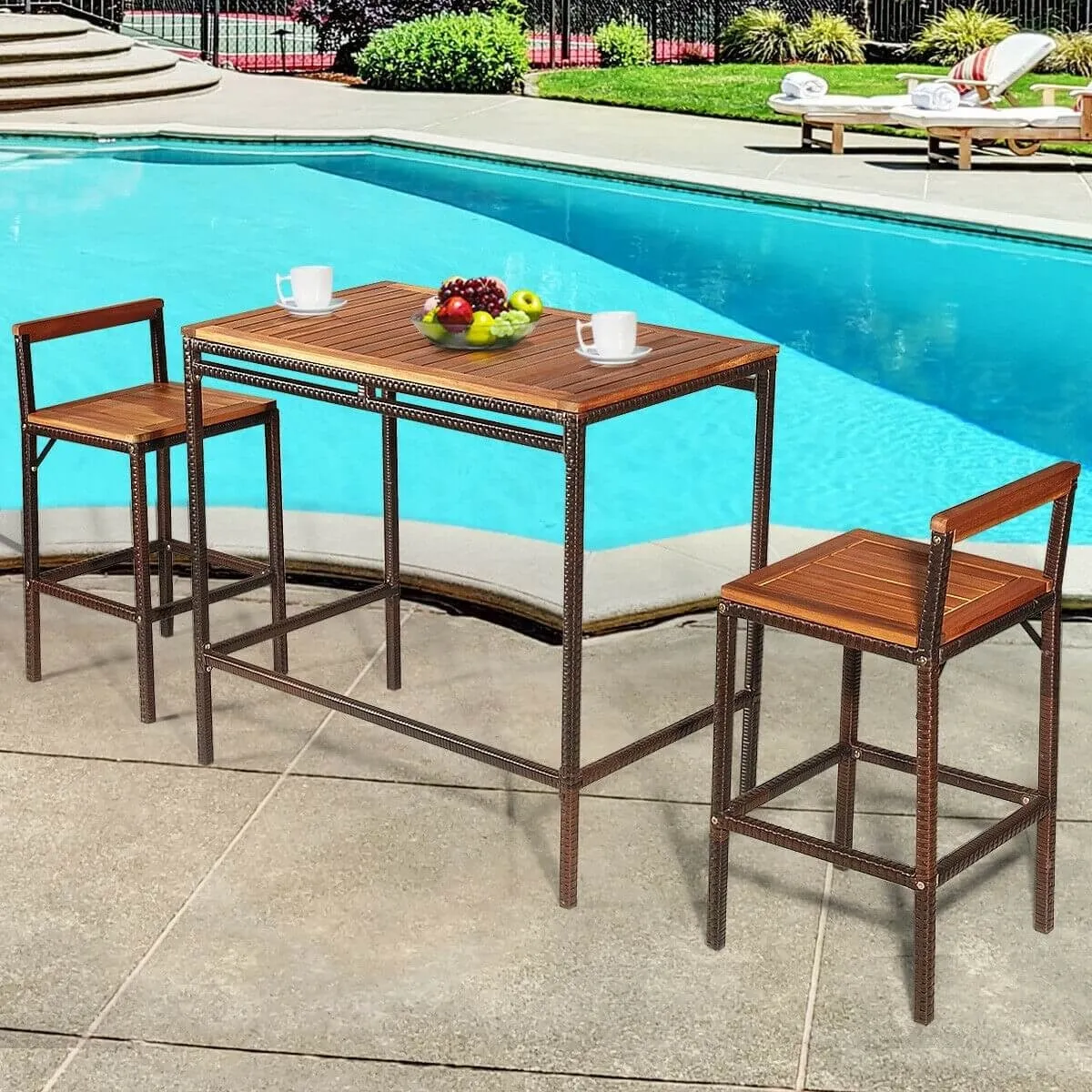 3pc Patio Rattan Bar Dining Furniture Set - Brown