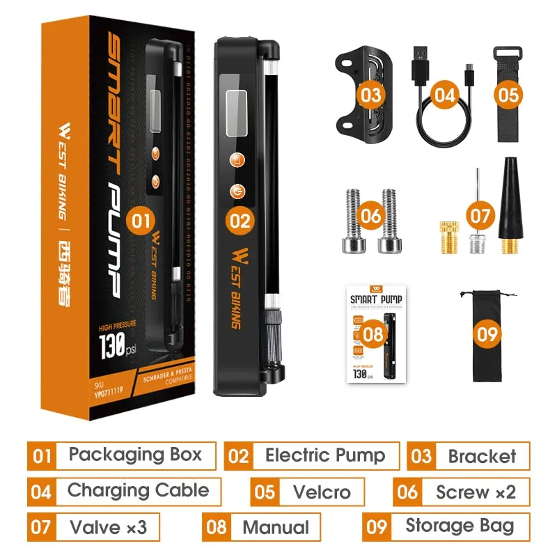 7.4V 1500mAh Electric Bicycle Pump Auto-stop 130 PSI Tire Inflator With Pressure Gauge Rechargeable Bike Motorcycle Ball Pump