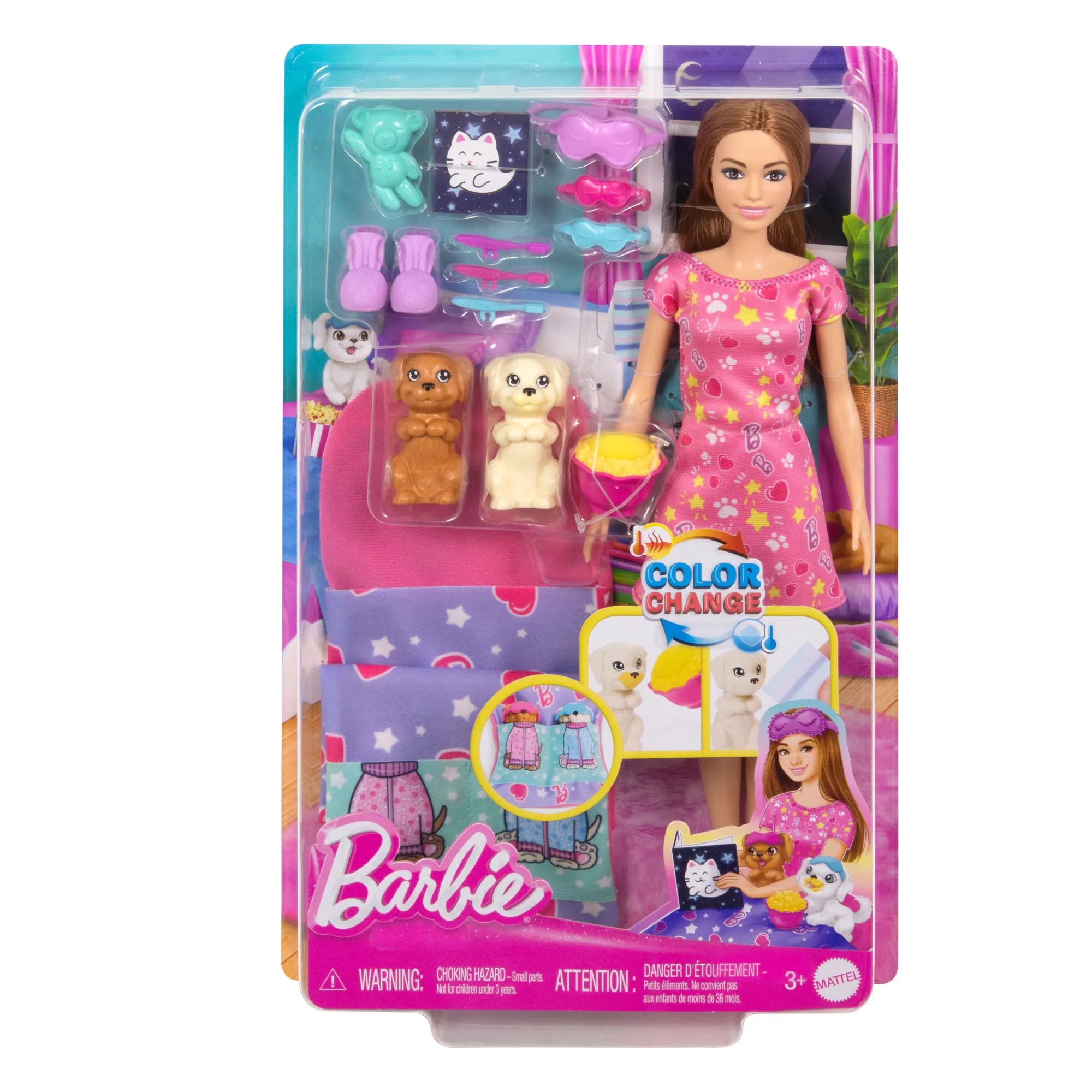 Barbie Doll & Puppy Slumber Party Playset With 2 Toy Dog Figures & 10  Accessories, Color-Change