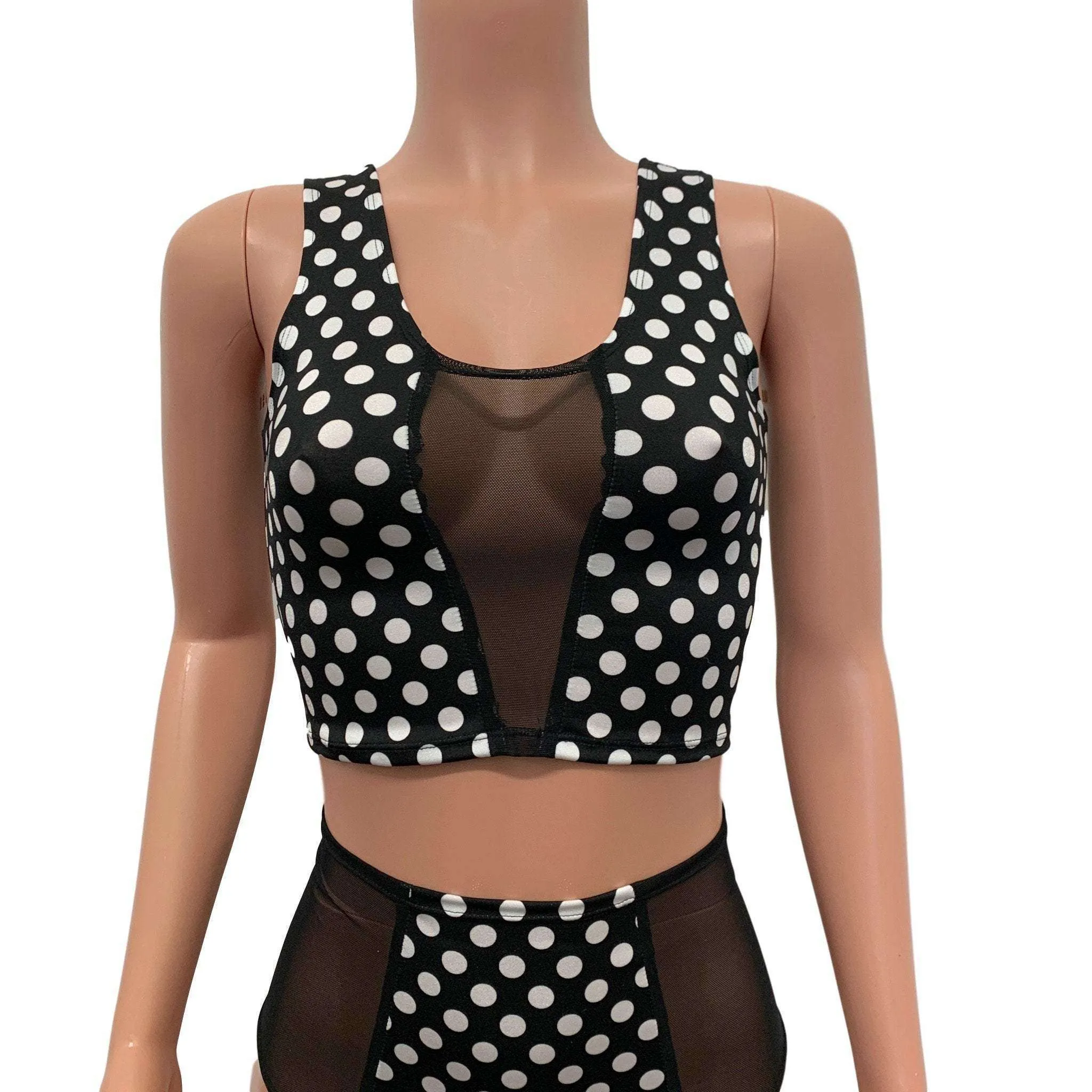 Black & White Polka Dot Mesh Inset Crop Top Tank