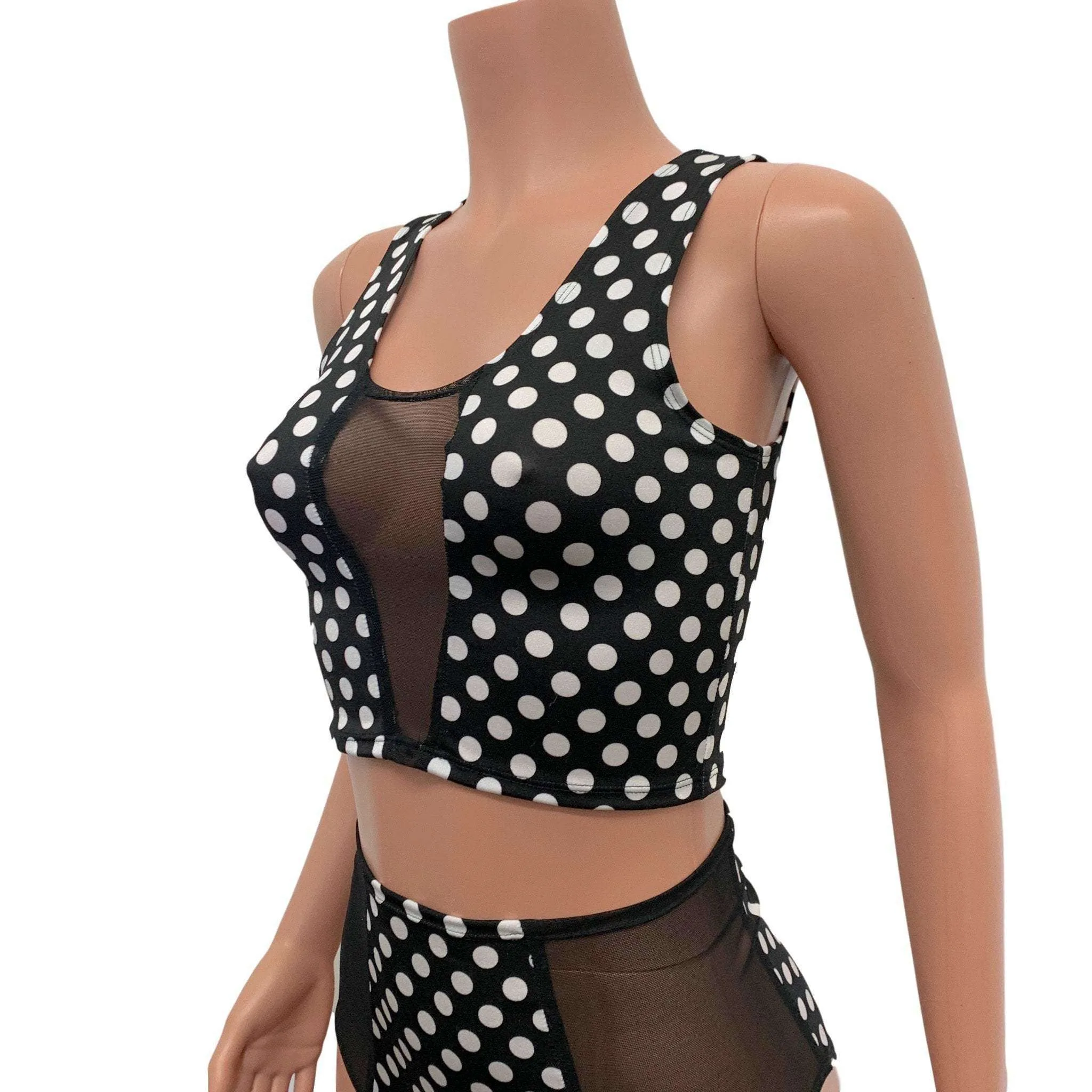 Black & White Polka Dot Mesh Inset Crop Top Tank