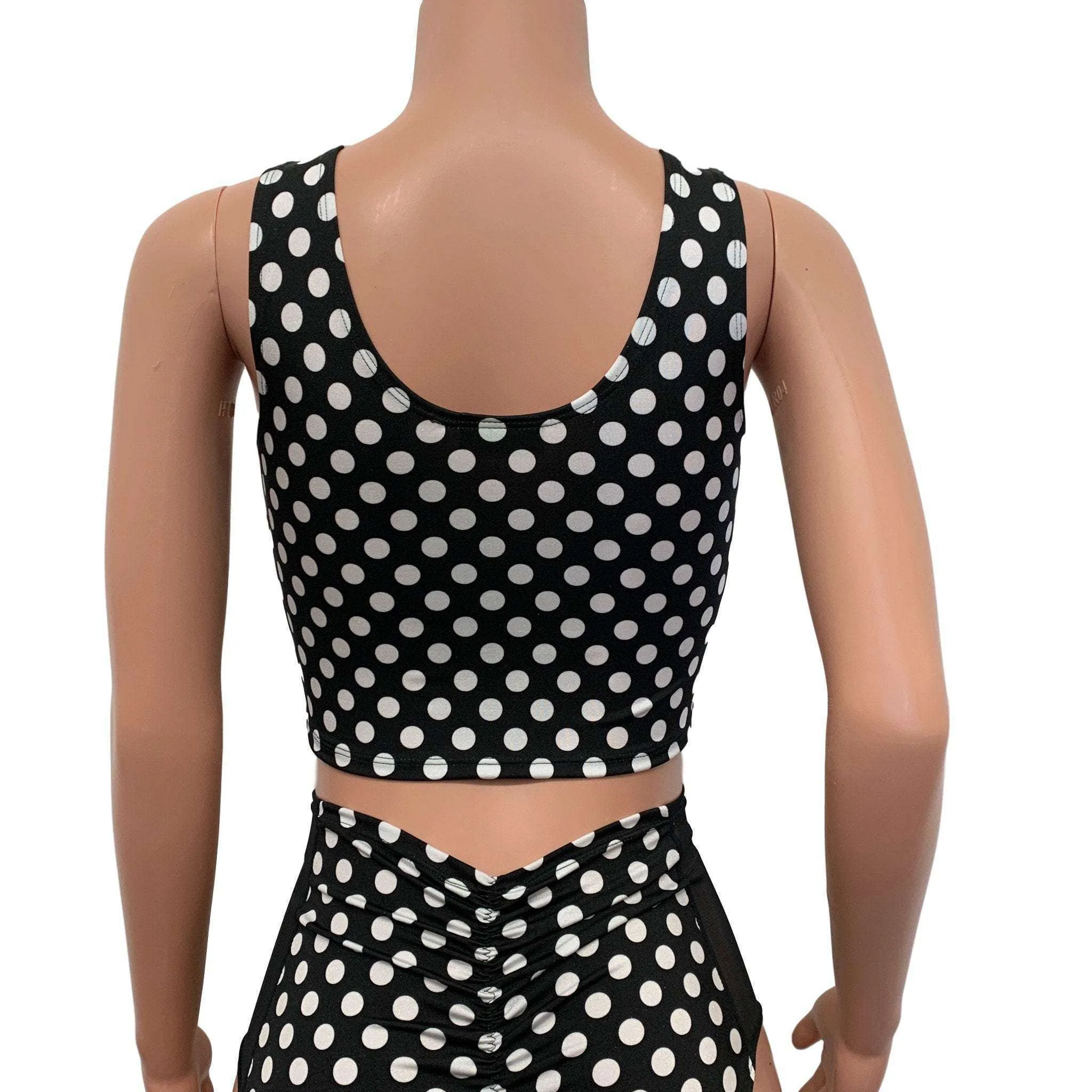 Black & White Polka Dot Mesh Inset Crop Top Tank