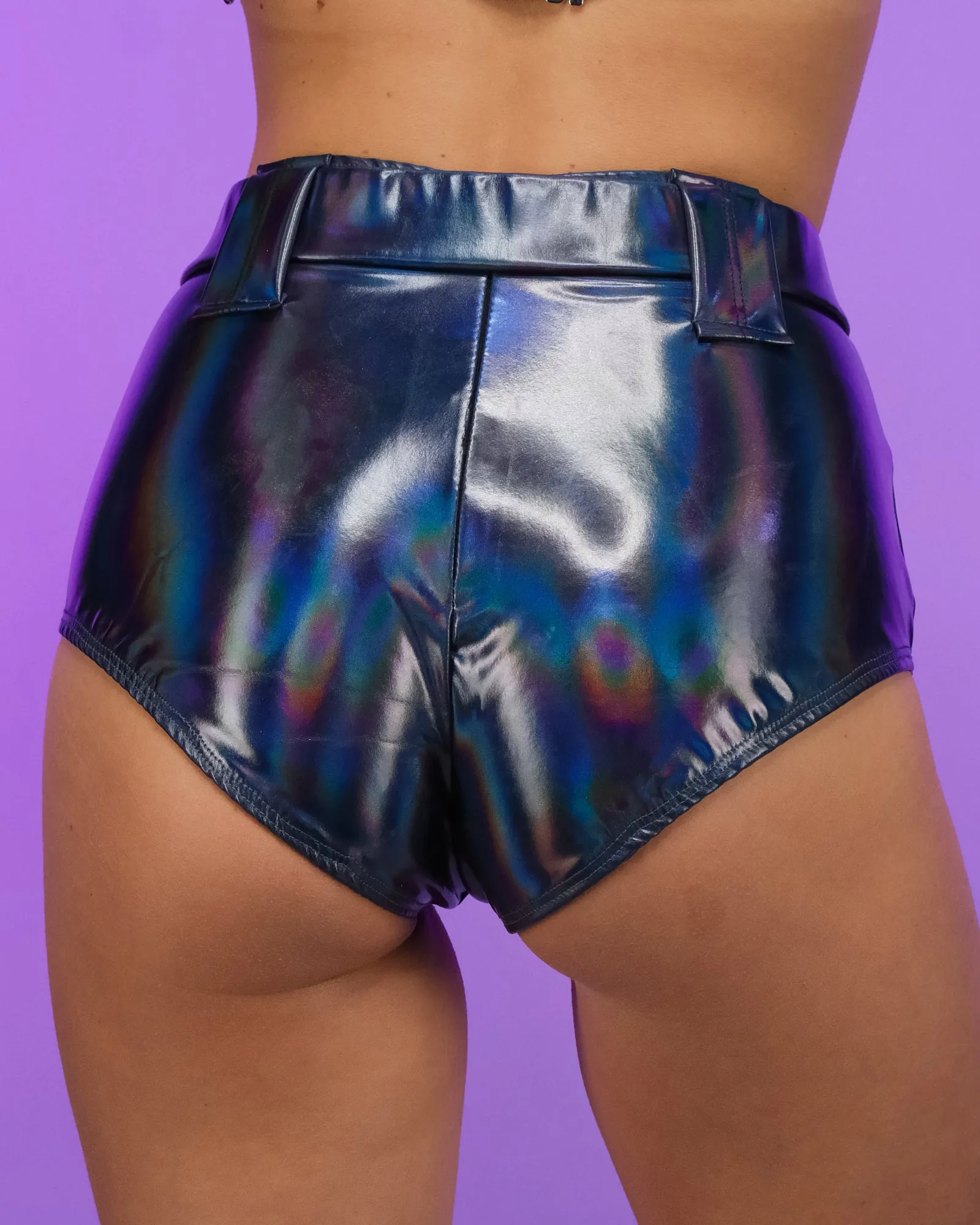 Black Holo Foil Belted Shorts