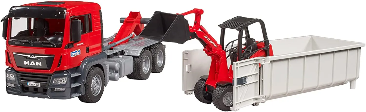 Bruder MAN TGS Truck with Roll-off Container and Schaeffer Loader