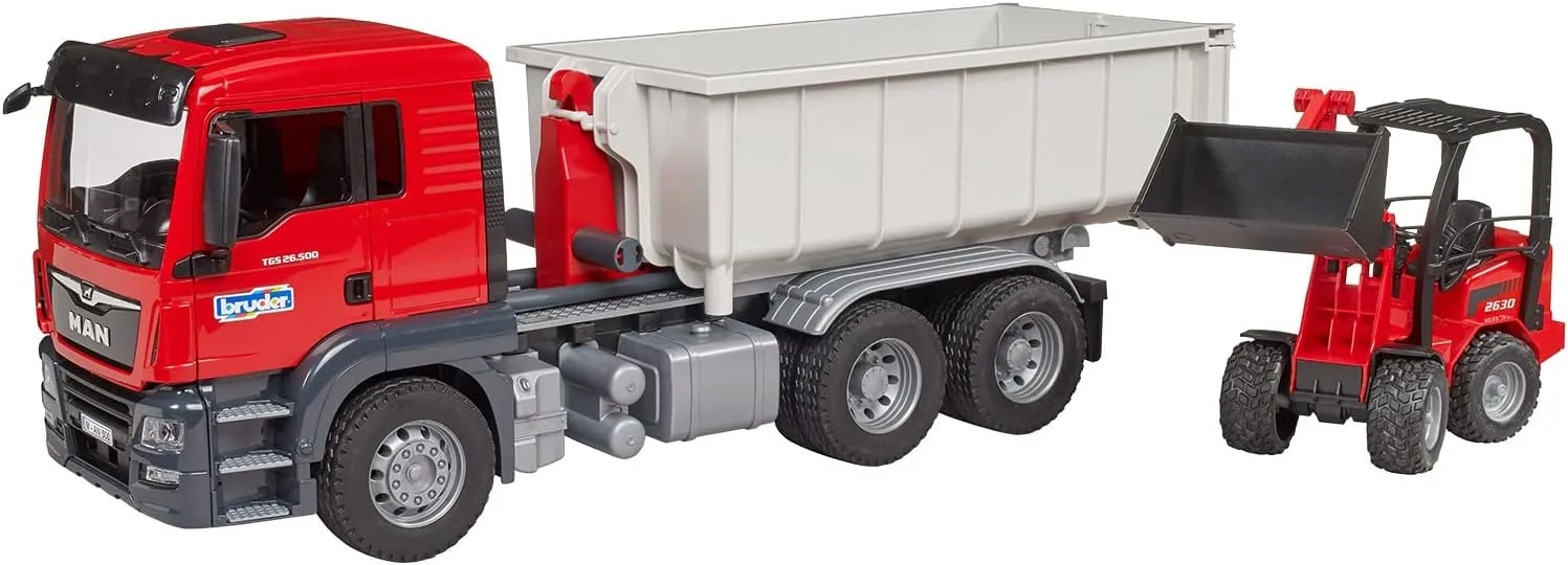 Bruder MAN TGS Truck with Roll-off Container and Schaeffer Loader