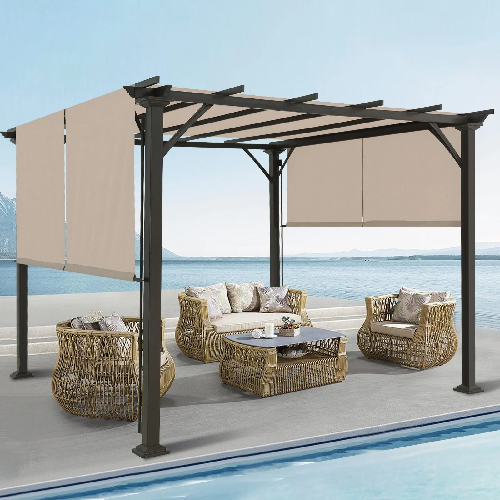 COOS BAY Outdoor Patio Pergola 10x10 ft with Retractable Sun Shade Canopy Top, Metal Frame Gazebo Sun Shade for Backyard, Deck, Garden and Poolside, Beige