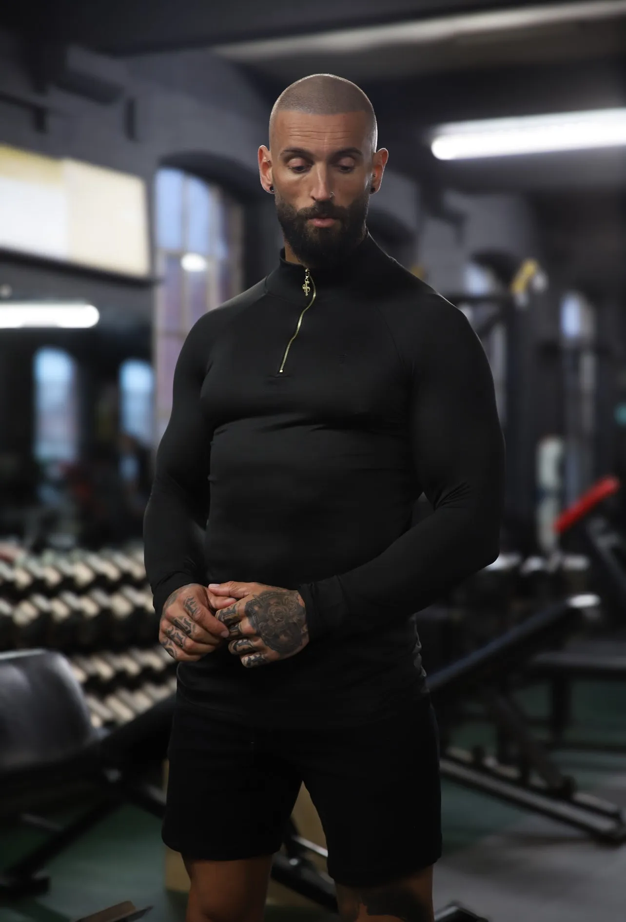 Father Sons Long Sleeve Solid Black / Gold Half Zip Gym Top - FSH887