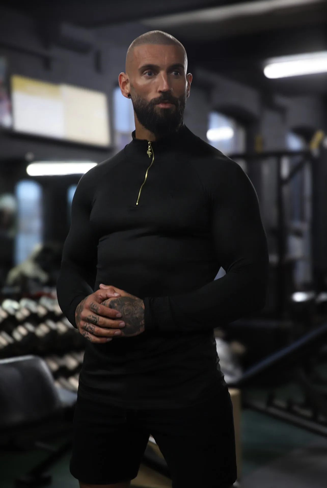 Father Sons Long Sleeve Solid Black / Gold Half Zip Gym Top - FSH887