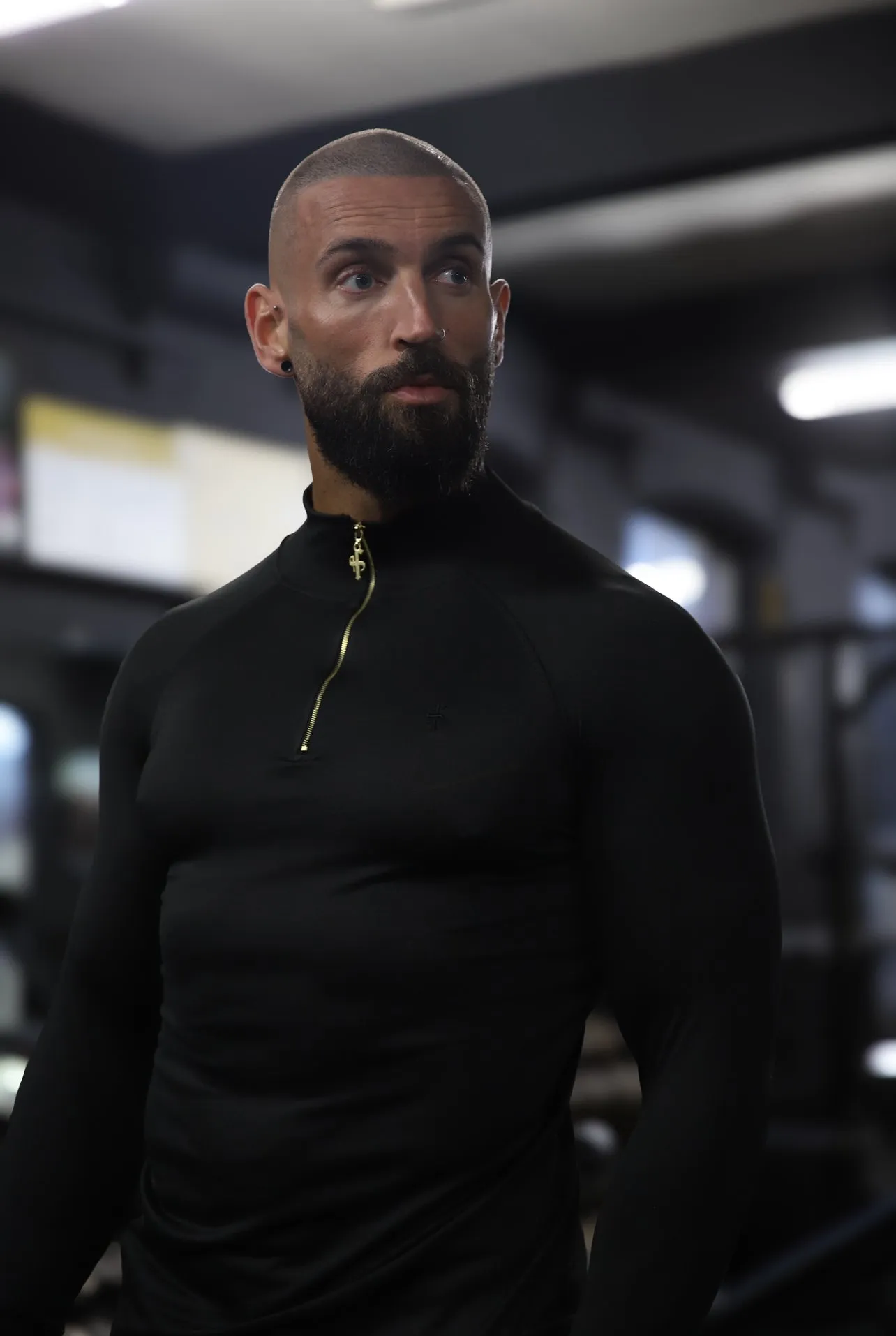 Father Sons Long Sleeve Solid Black / Gold Half Zip Gym Top - FSH887