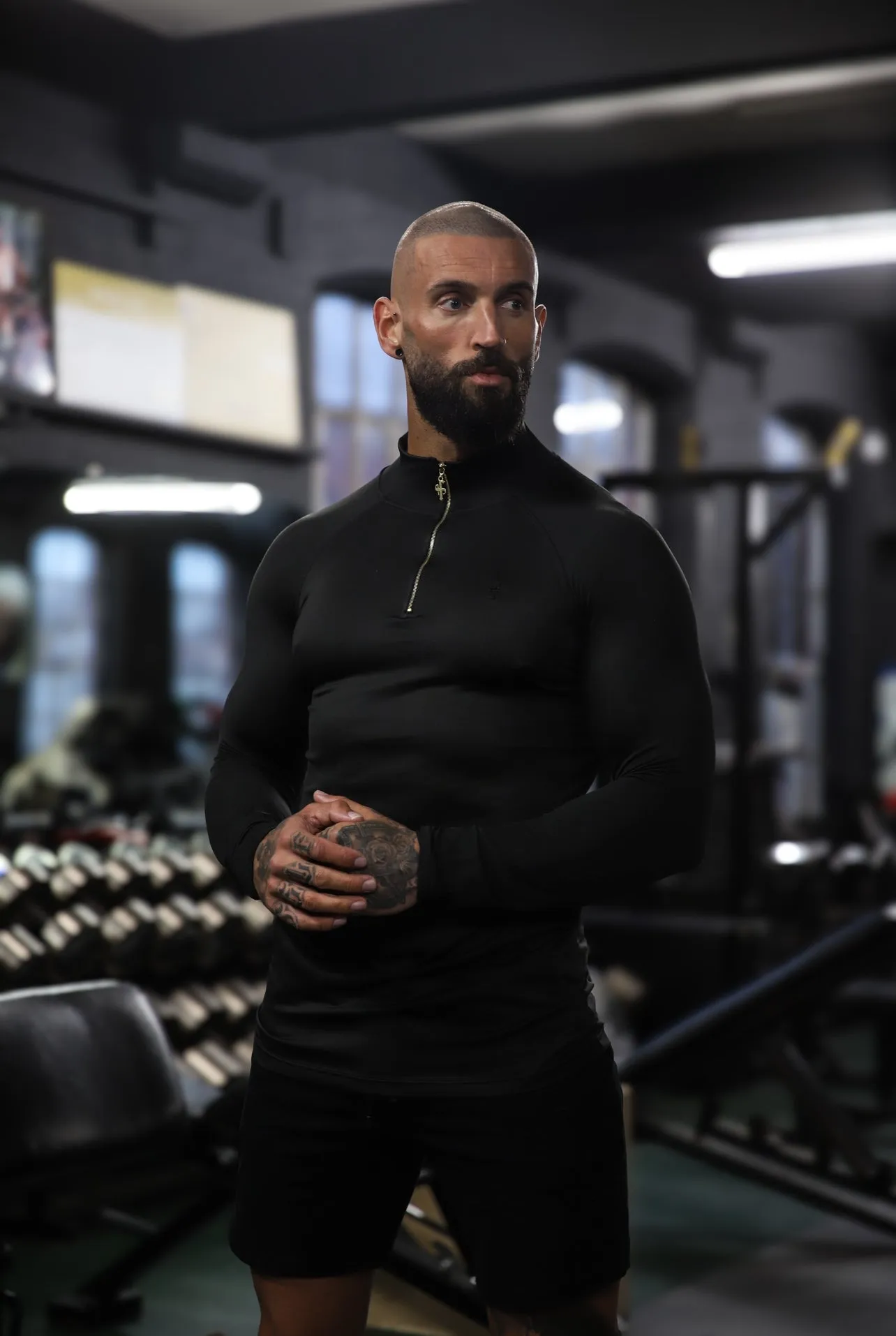 Father Sons Long Sleeve Solid Black / Gold Half Zip Gym Top - FSH887