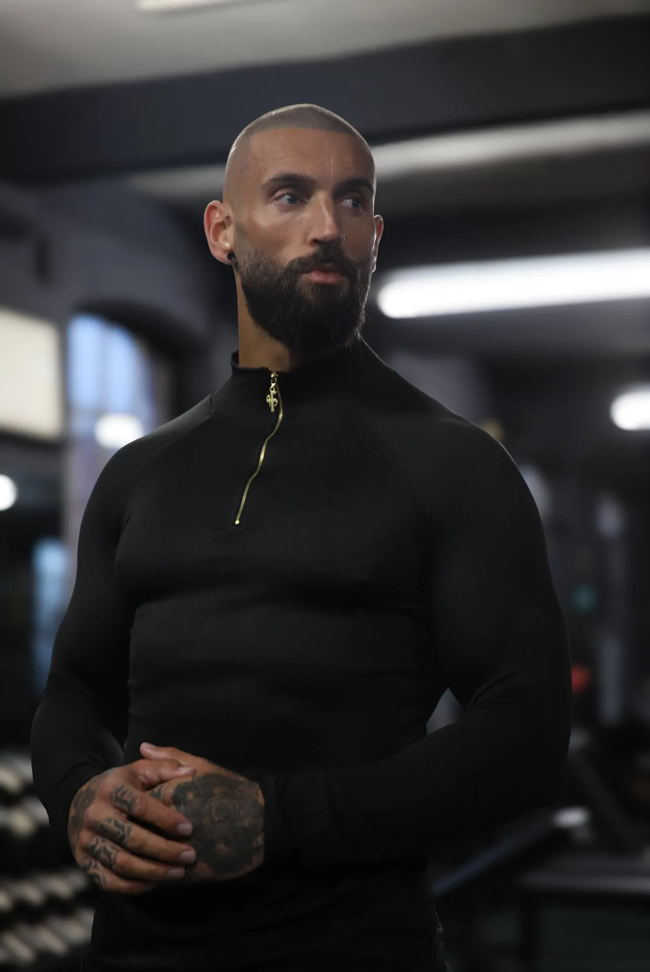 Father Sons Long Sleeve Solid Black / Gold Half Zip Gym Top - FSH887