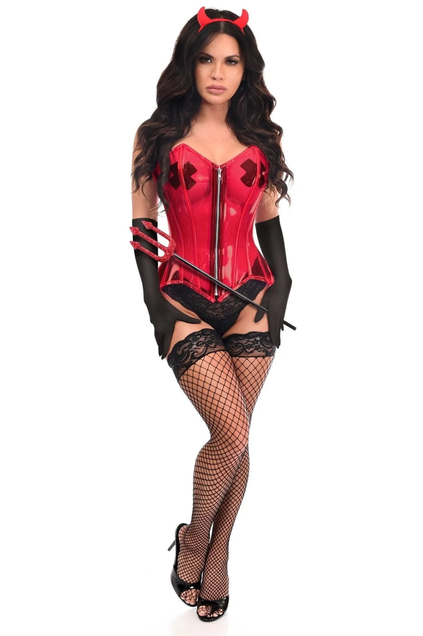 Fiery Devil 4-Piece Transparent Crimson Corset Costume