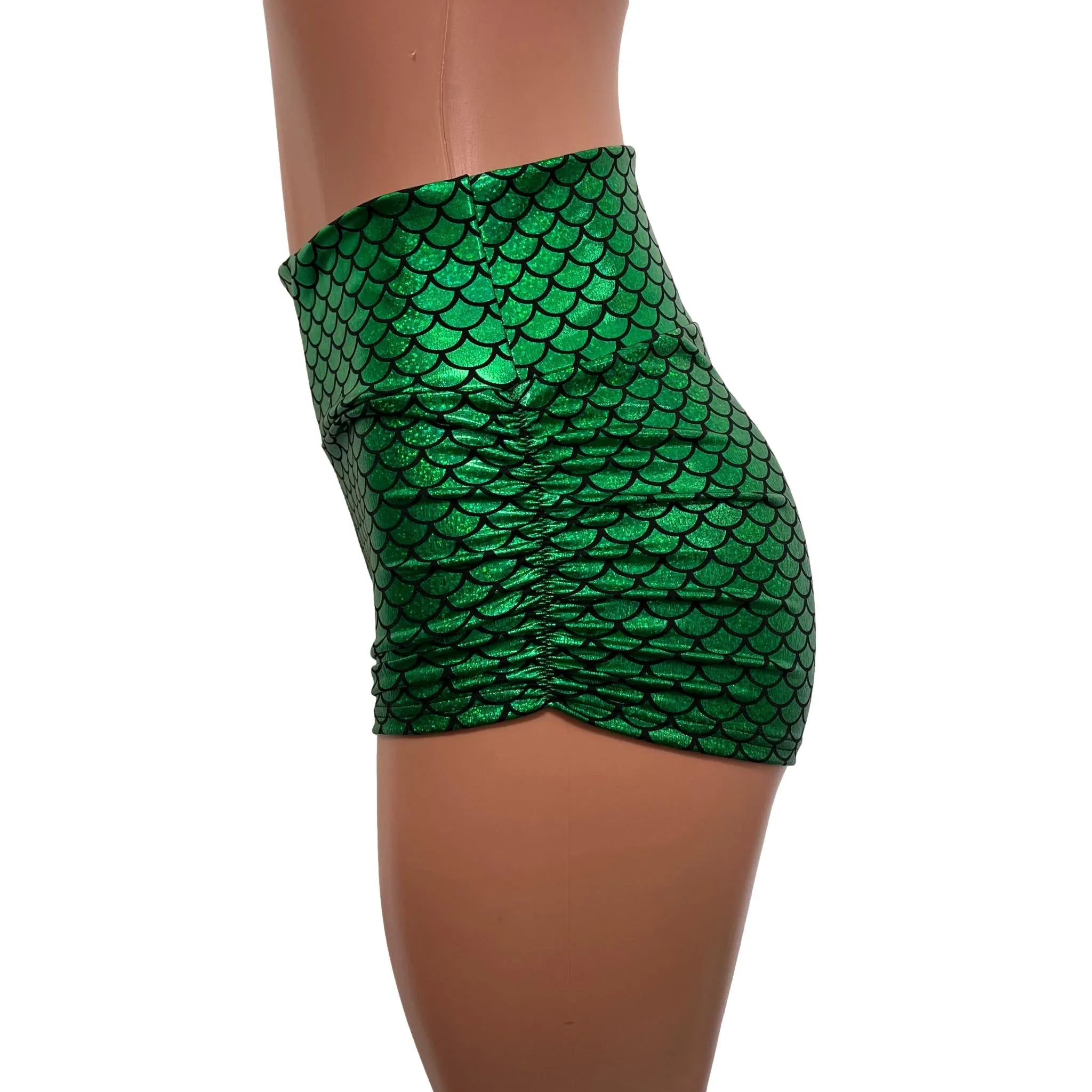 Green Mermaid Scale Sparkle Holographic Ruched Booty Shorts