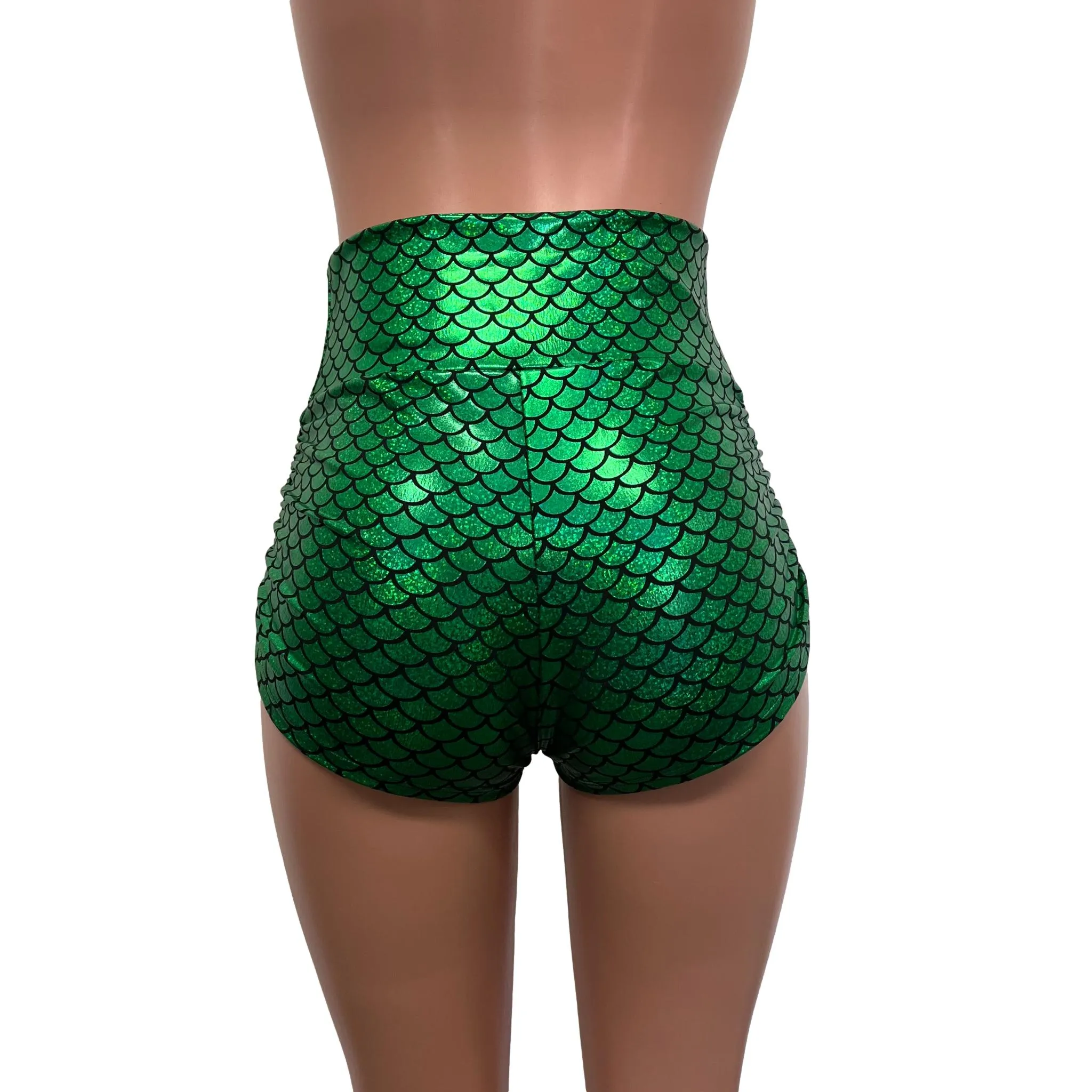 Green Mermaid Scale Sparkle Holographic Ruched Booty Shorts