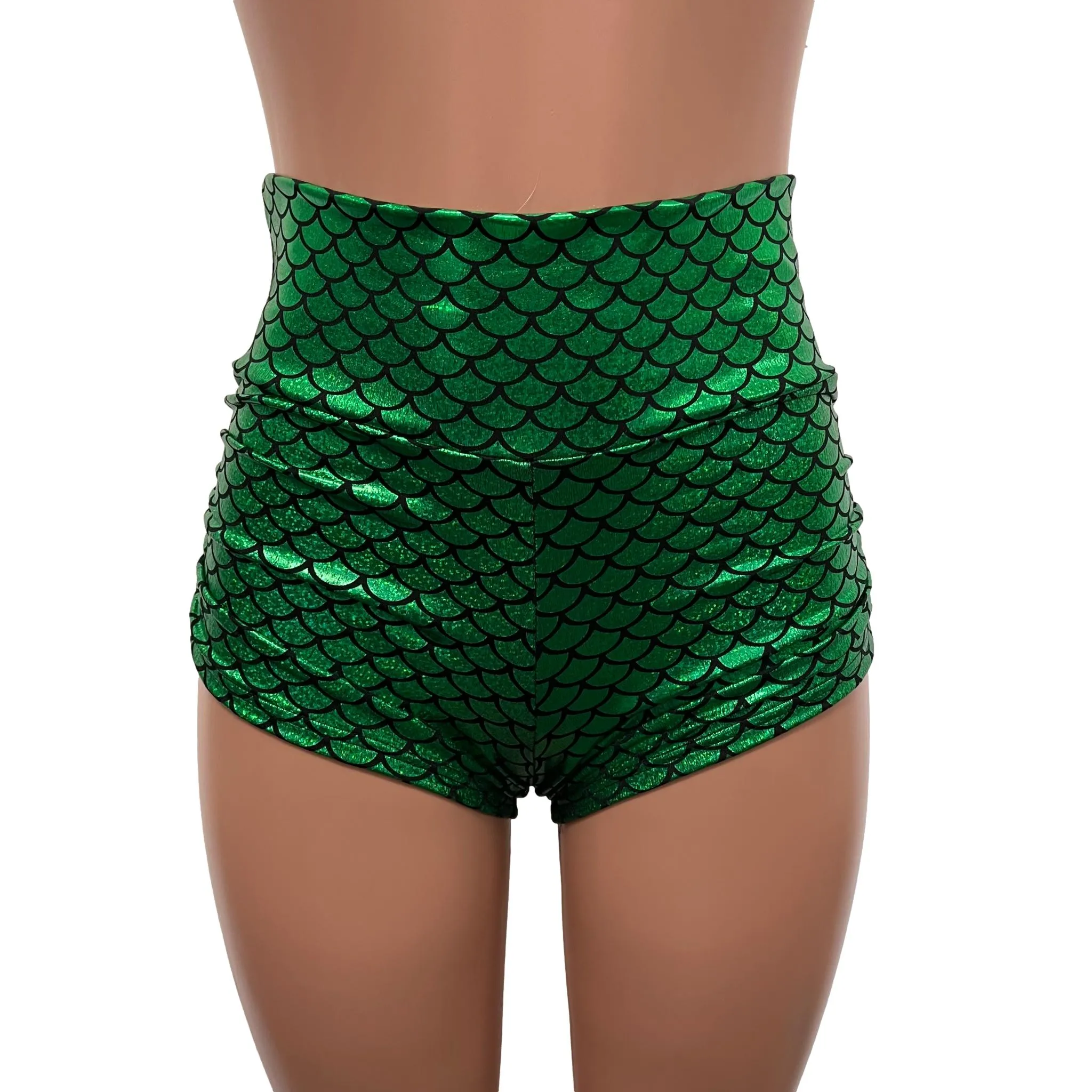 Green Mermaid Scale Sparkle Holographic Ruched Booty Shorts