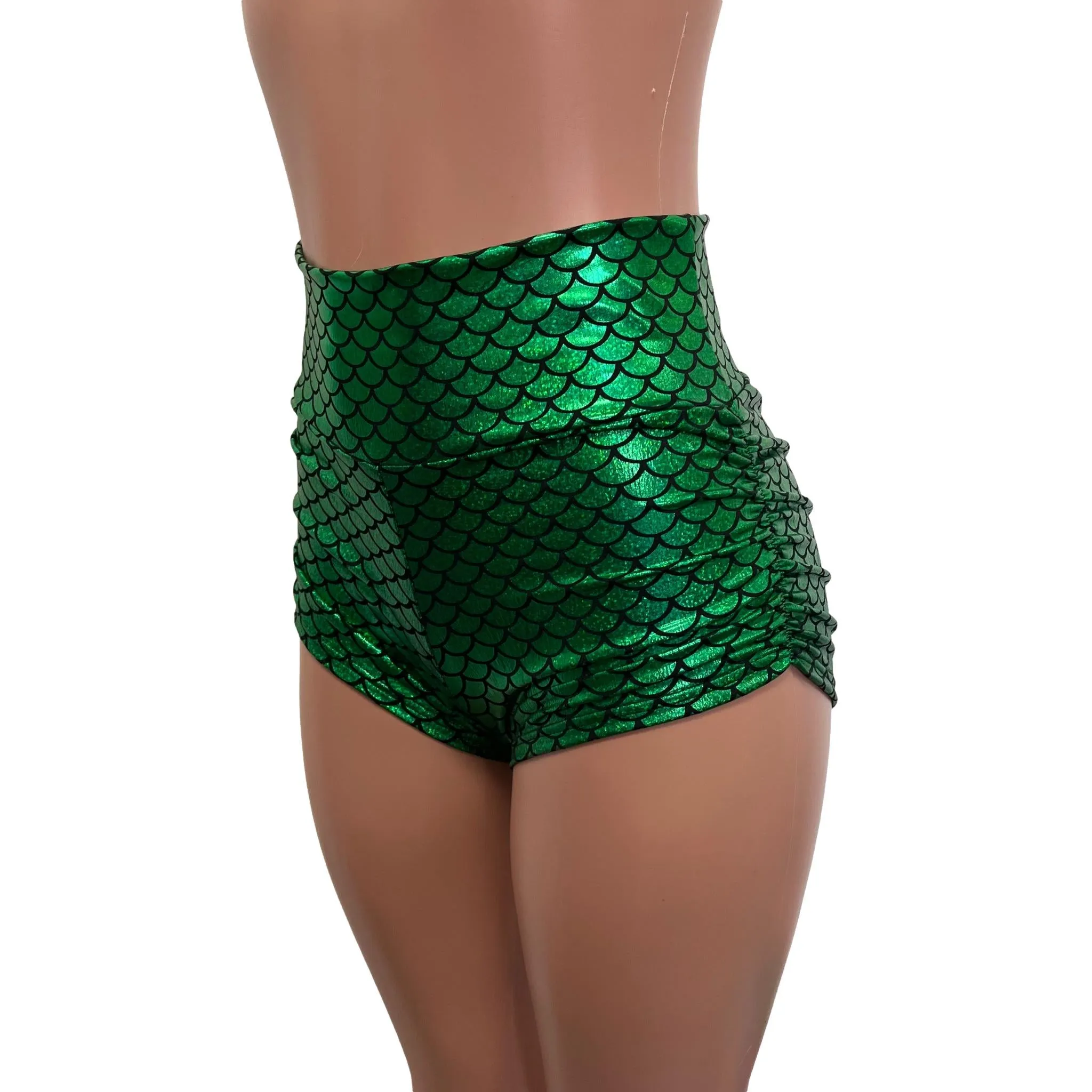 Green Mermaid Scale Sparkle Holographic Ruched Booty Shorts