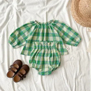 Green Plaid Balloon Sleeve Top and Bloomer Shorts Set for Girls