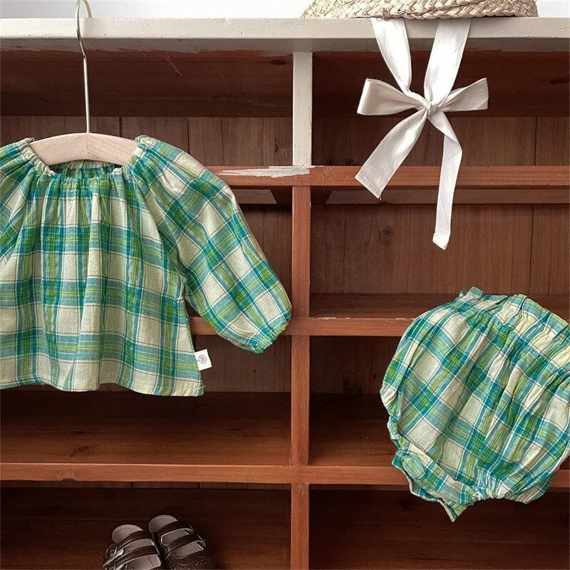 Green Plaid Balloon Sleeve Top and Bloomer Shorts Set for Girls