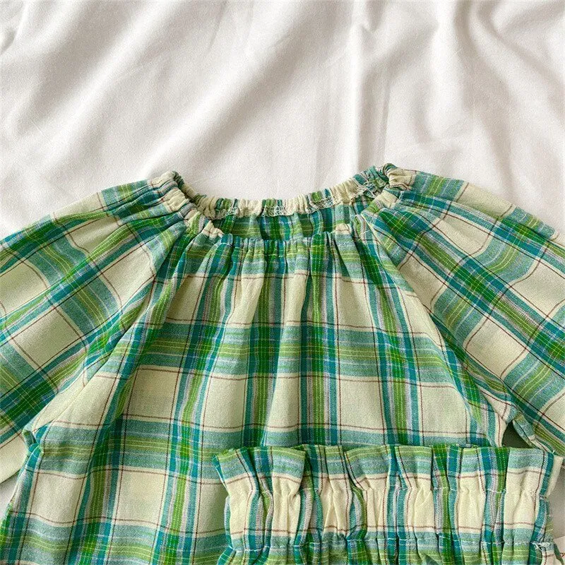 Green Plaid Balloon Sleeve Top and Bloomer Shorts Set for Girls