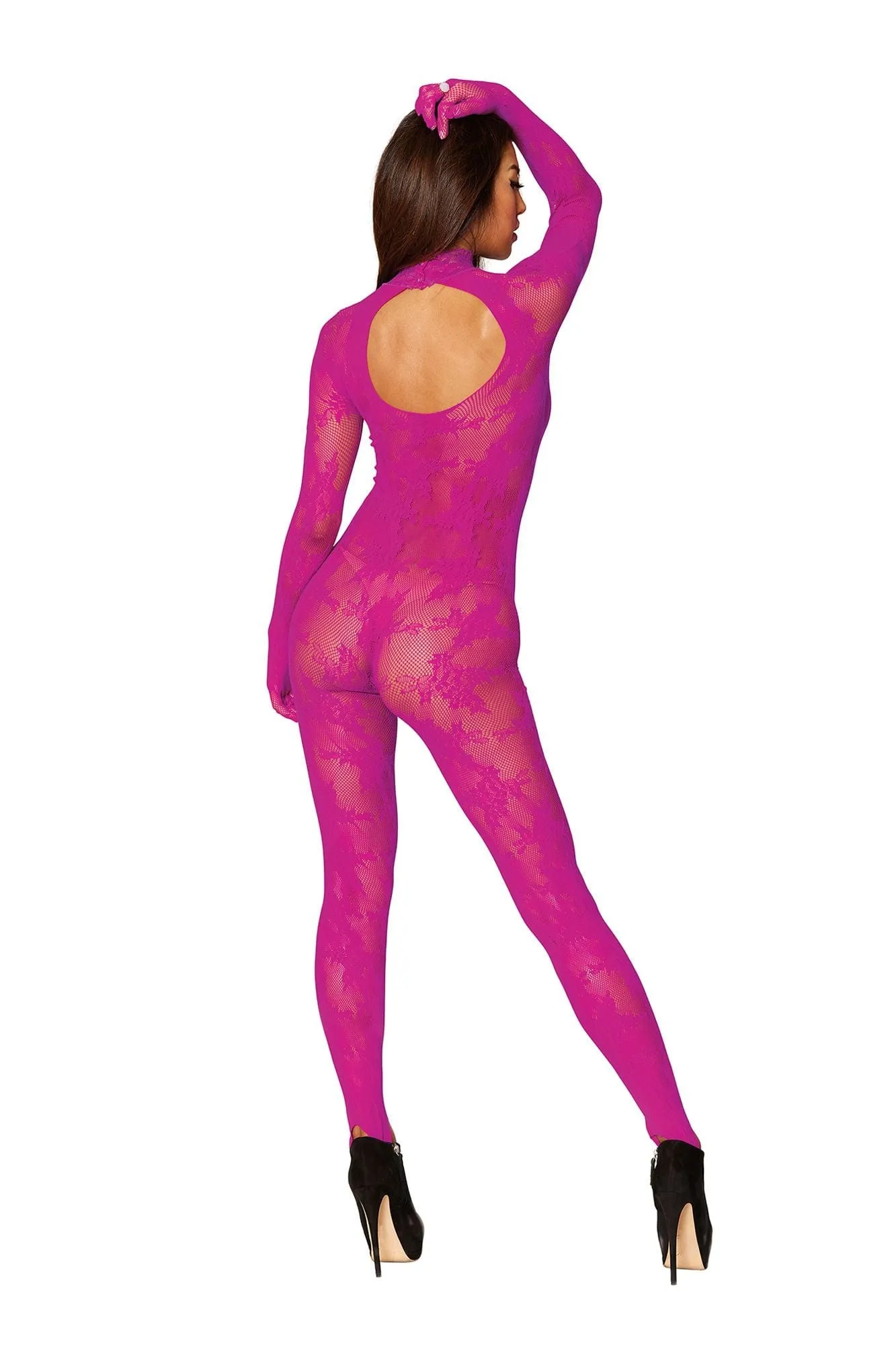 Hot Pink Lace Long Sleeve Bodystocking with Attached Gloves