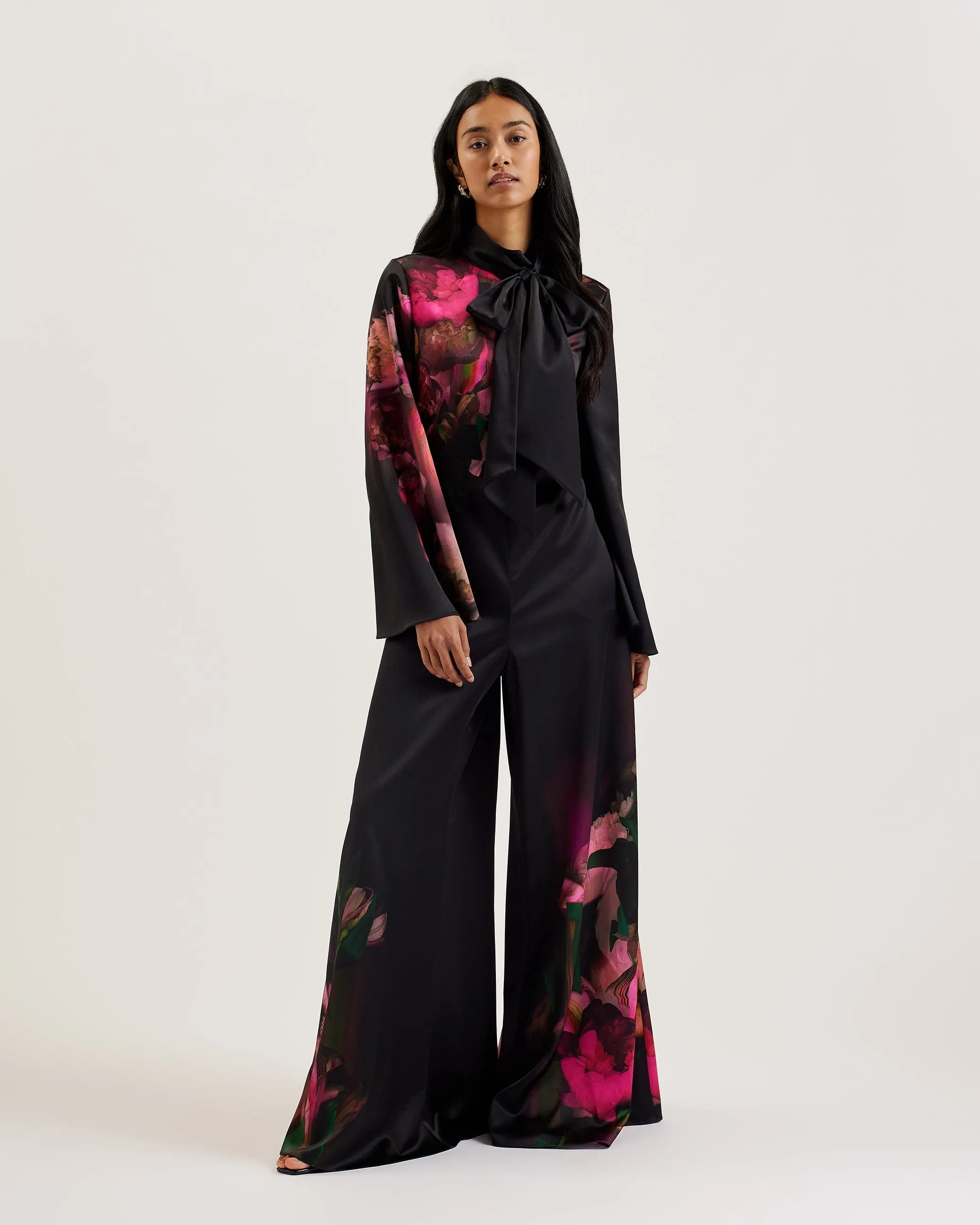 Black Lousios Printed Wide-Leg Jumpsuit with Tie