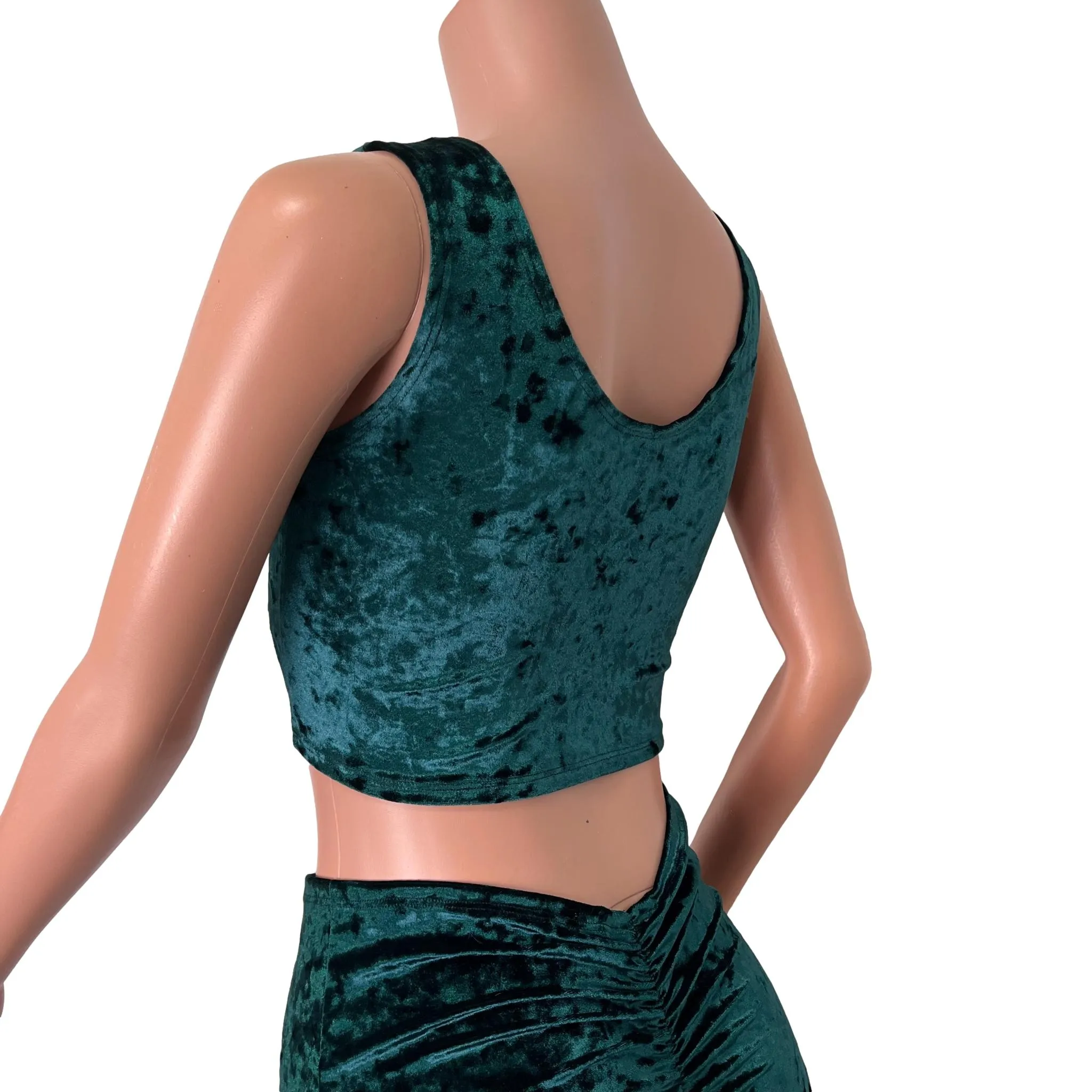 Mesh Inset Crop Tank Top - Hunter Green Crushed Velvet