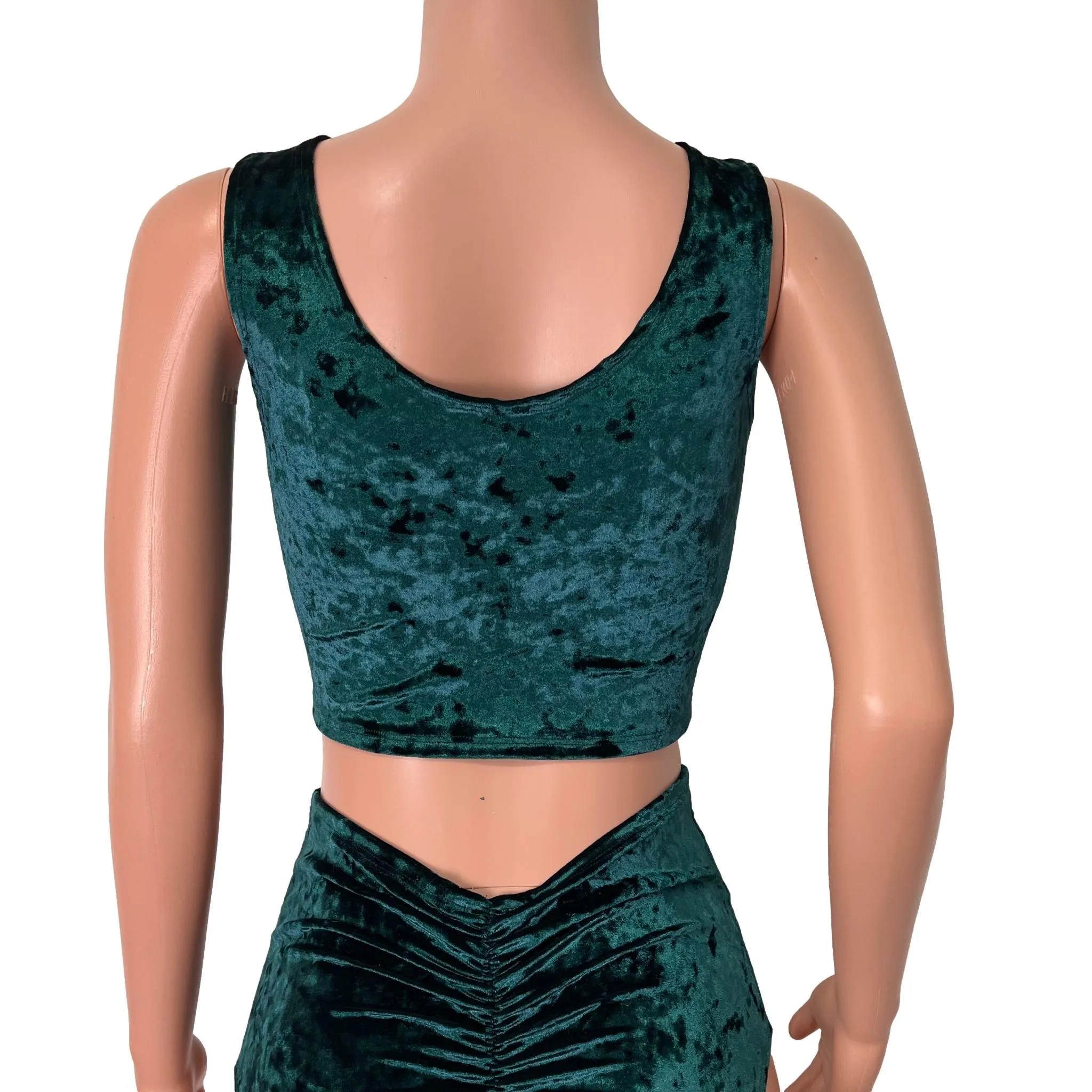 Mesh Inset Crop Tank Top - Hunter Green Crushed Velvet