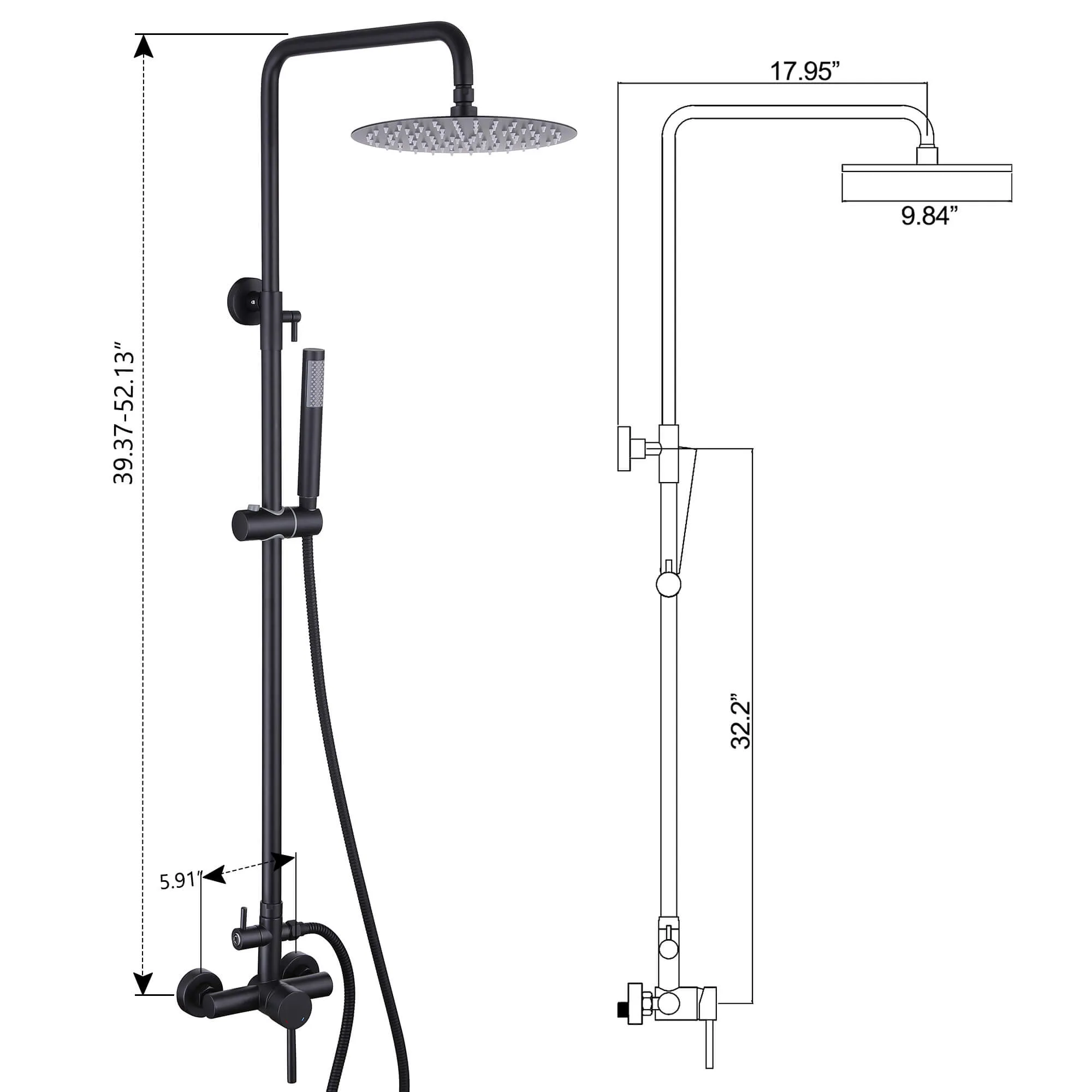 Outdoor Shower Fixture with SUS 304 Stainless Steel 10 Inch Rainfall Shower Head and Adjustable Slide Bar JK0145