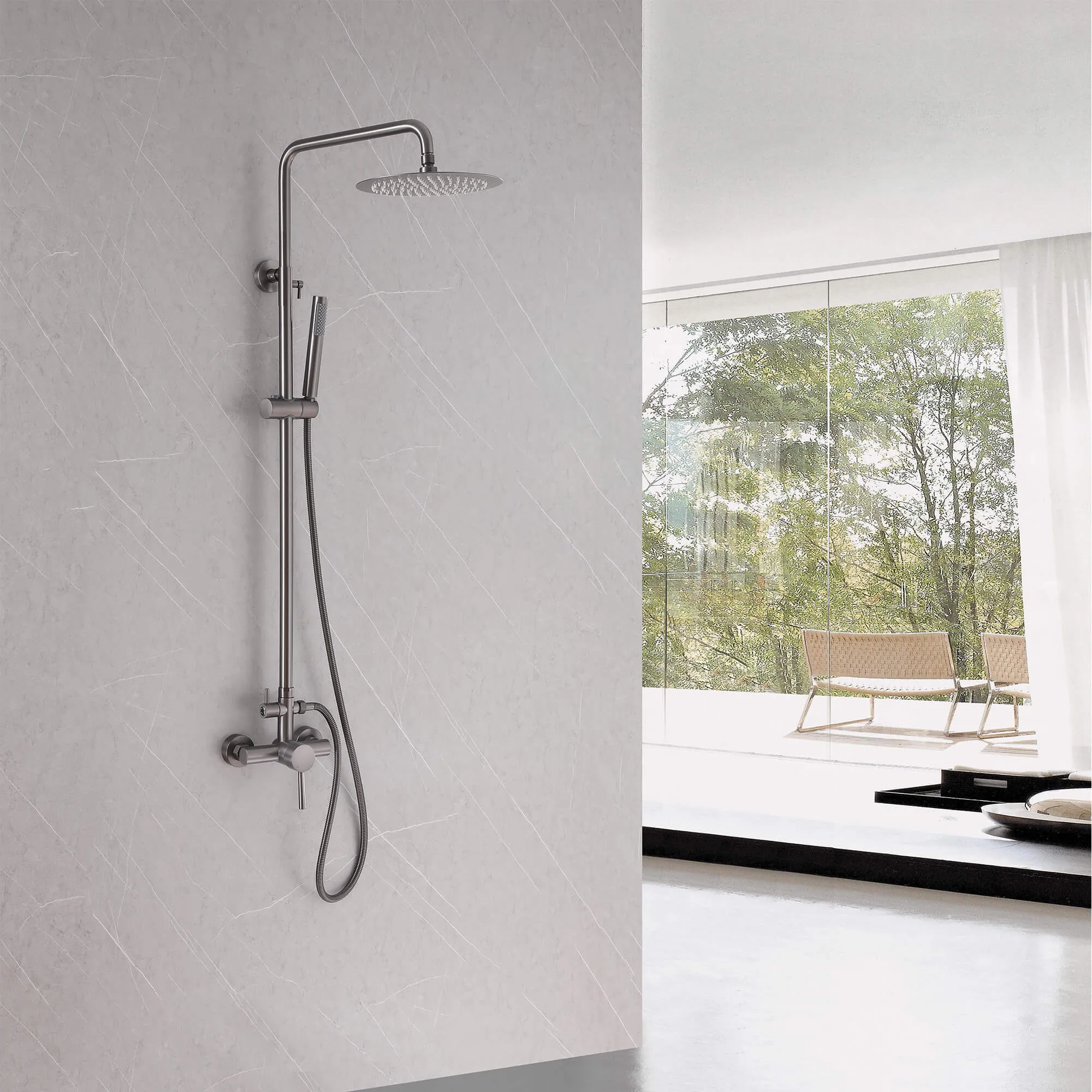 Outdoor Shower Fixture with SUS 304 Stainless Steel 10 Inch Rainfall Shower Head and Adjustable Slide Bar JK0145