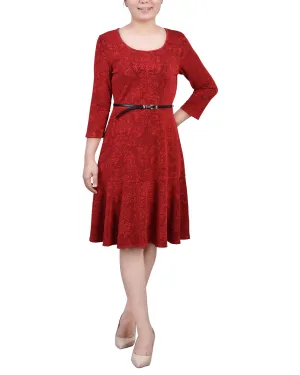 Petite 3/4 Sleeve Belted Jacquard Dress