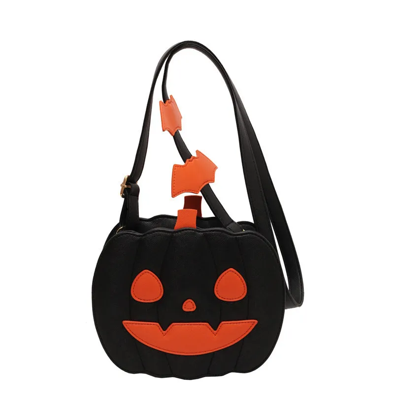 Pumpkin Cartoon Shoulder Bag – Creative Halloween Crossbody Bag with Bat