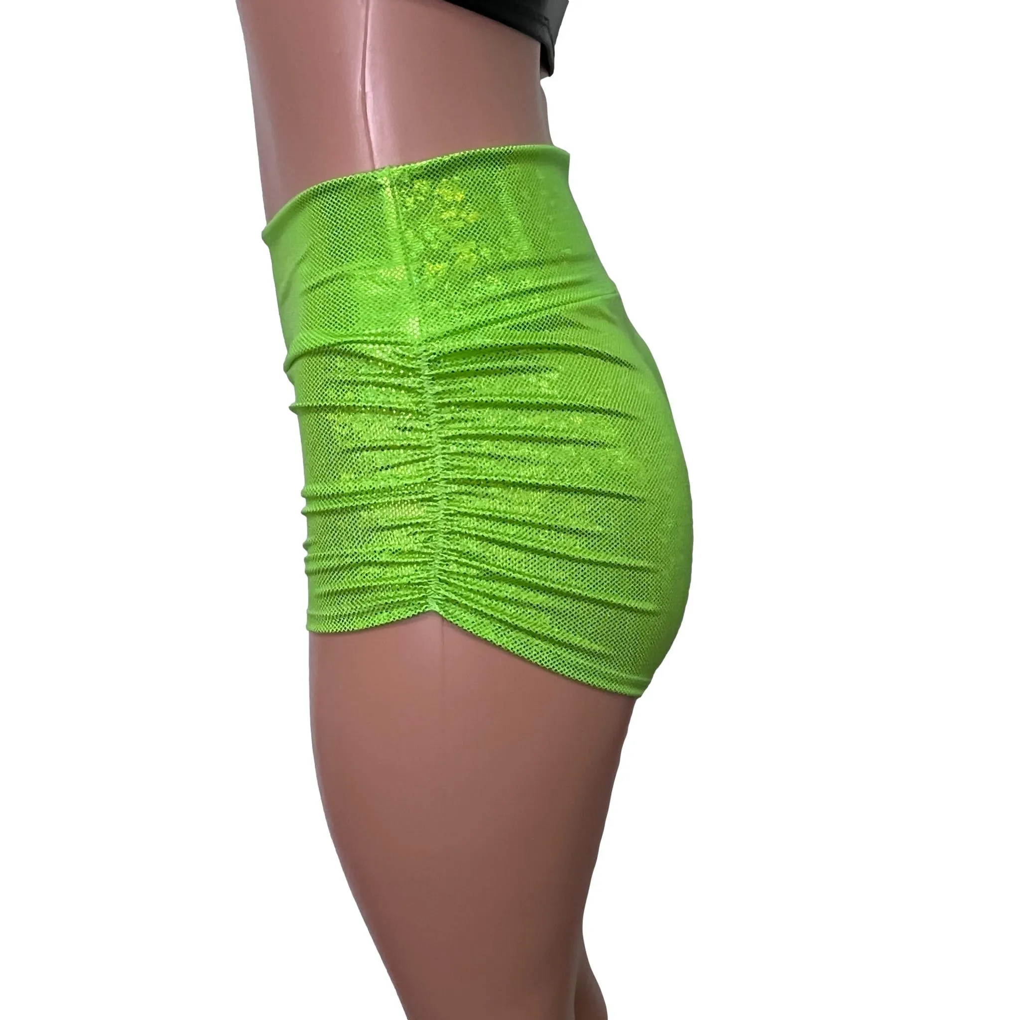 Ruched Booty Shorts - Lime Green Holographic Shattered Glass