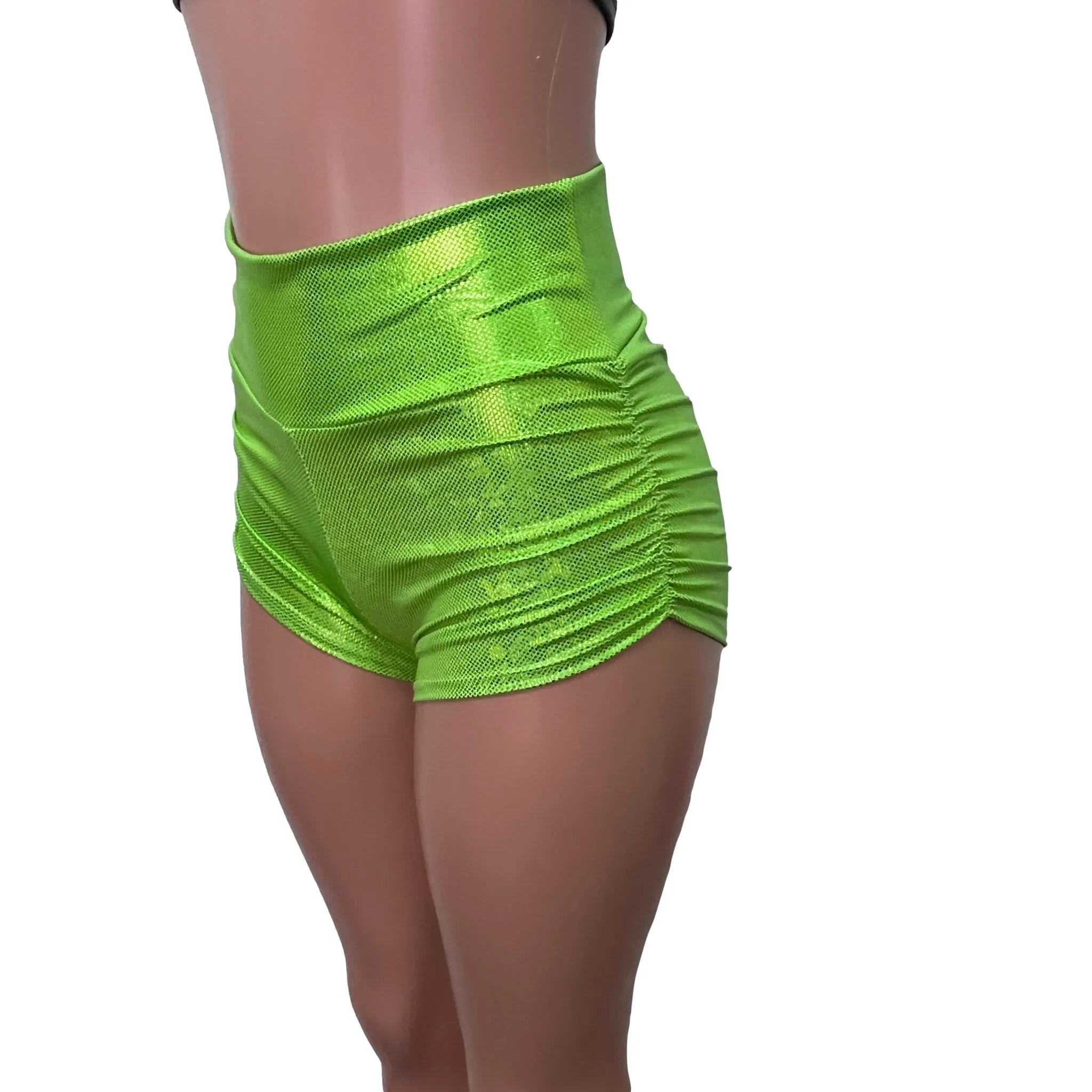 Ruched Booty Shorts - Lime Green Holographic Shattered Glass