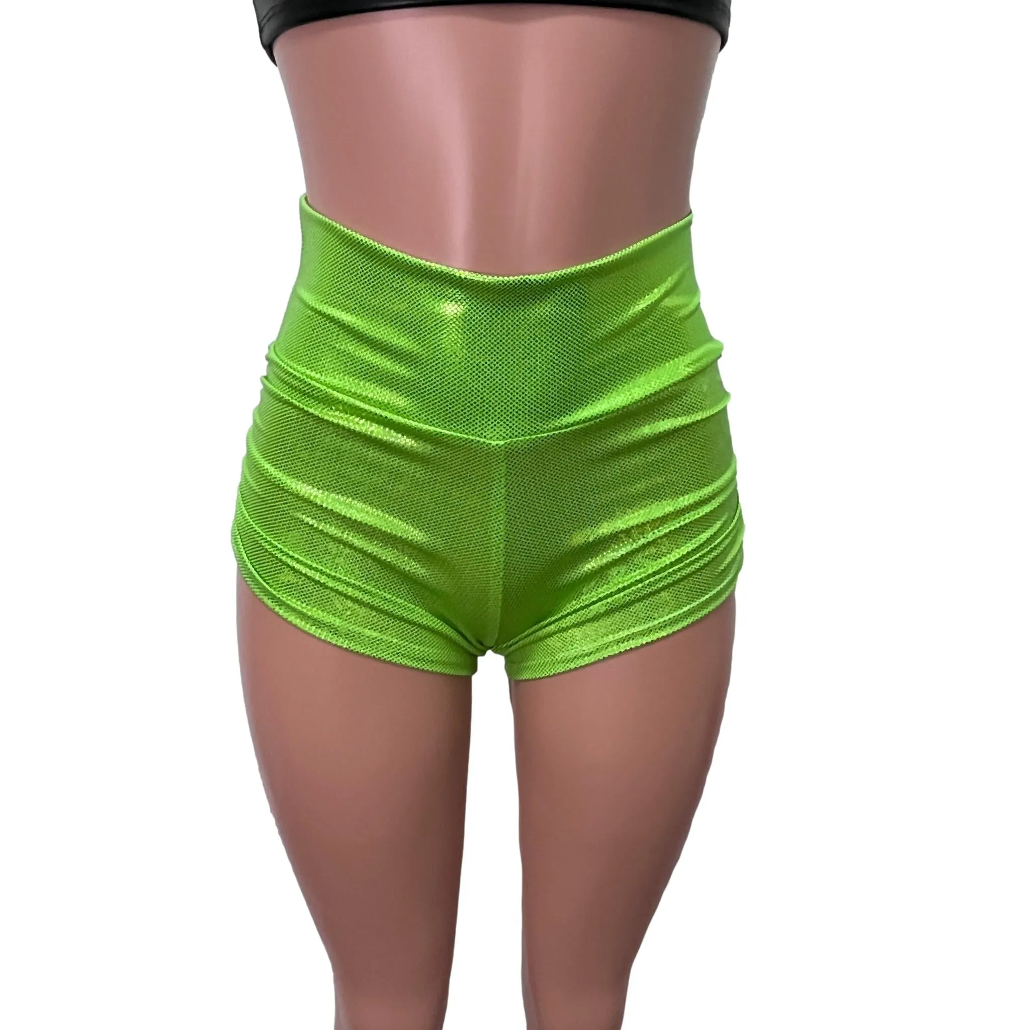 Ruched Booty Shorts - Lime Green Holographic Shattered Glass