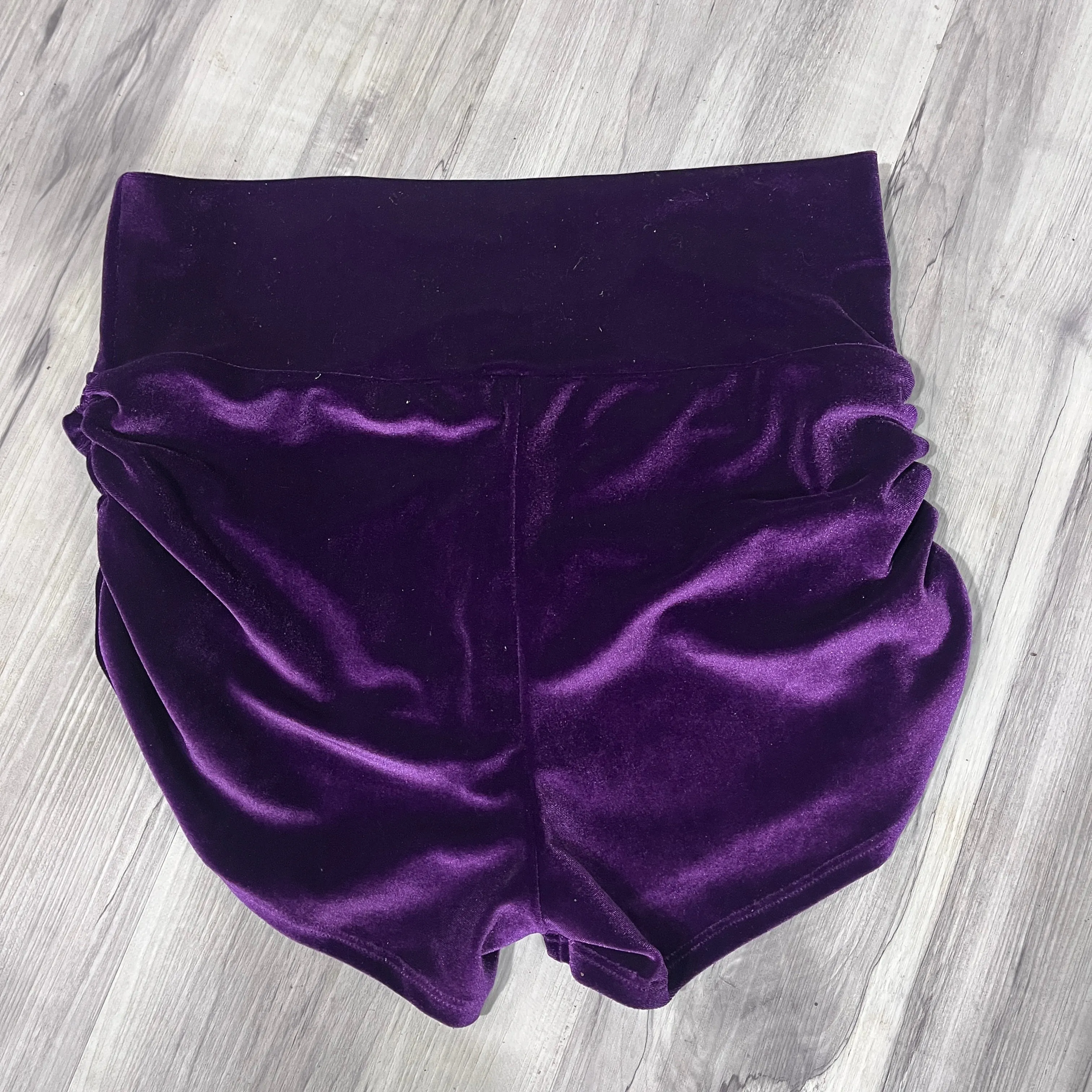 SALE - MEDIUM - Mid-Rise Ruched Booty Shorts Purple Velvet