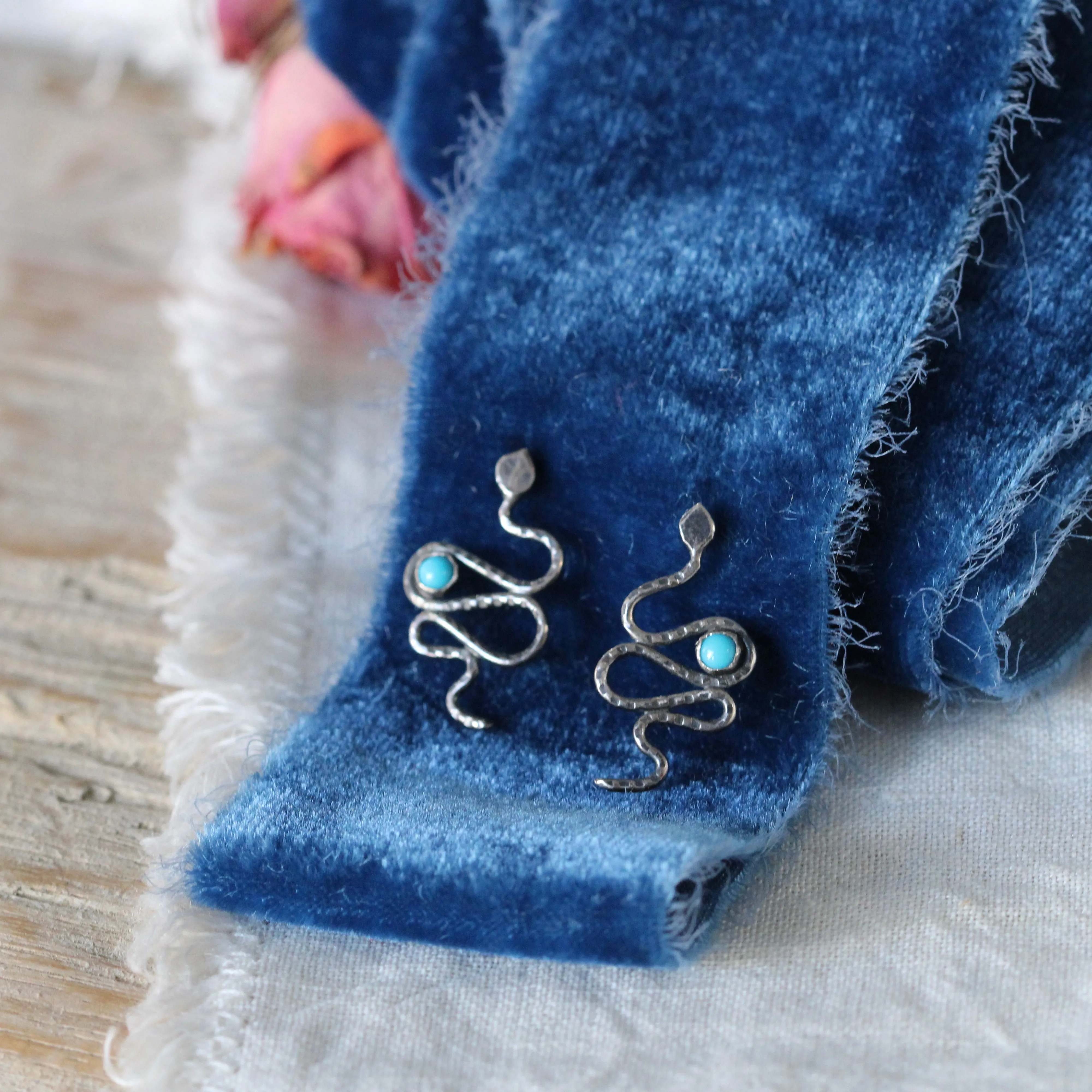 Sterling Silver Snake stud earrings with Sleeping Beauty Turquoise