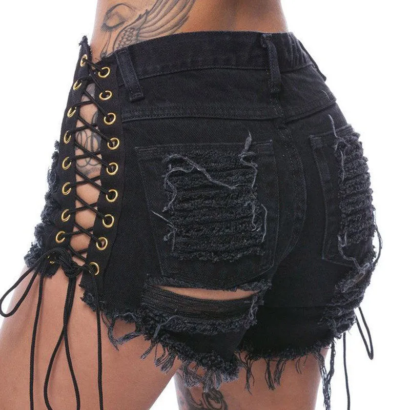 'Torn Apart' Black Gothic Lace up Shorts