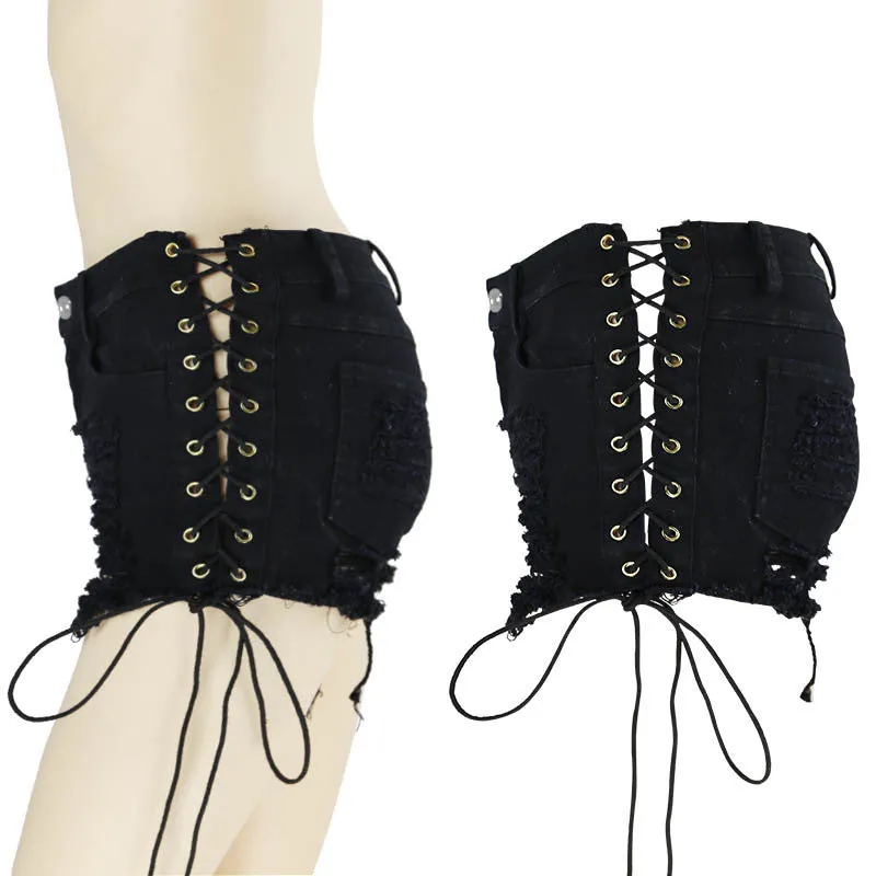 'Torn Apart' Black Gothic Lace up Shorts