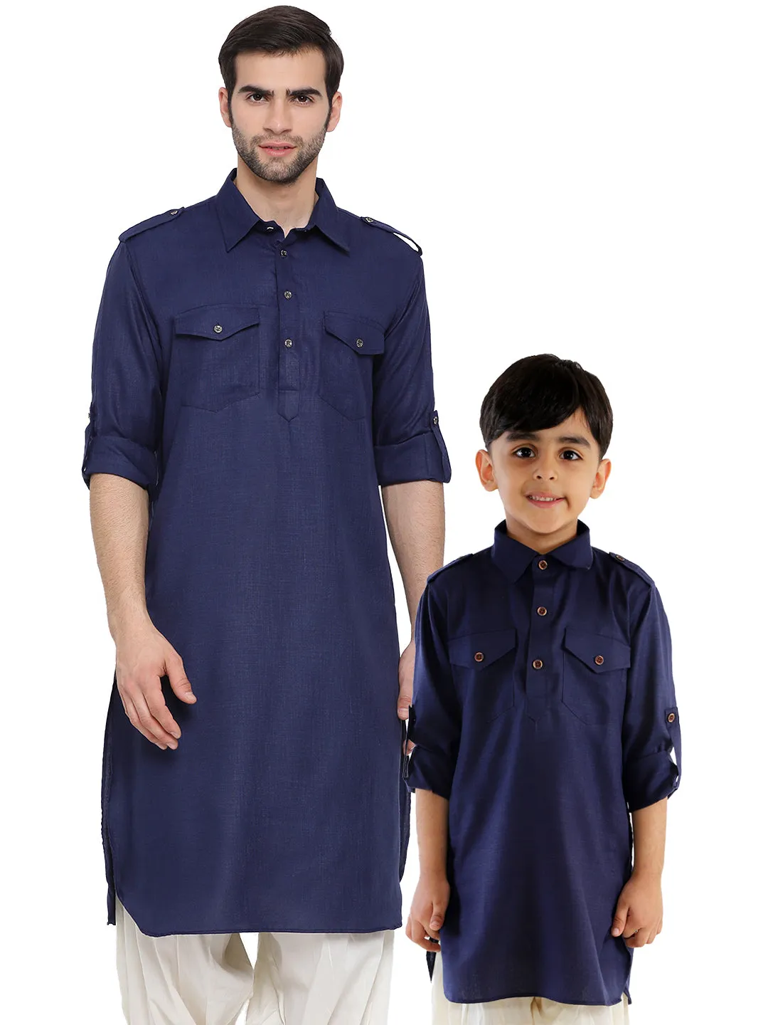 Vastramay Blue Cotton Blend Baap Beta Pathani Kurta