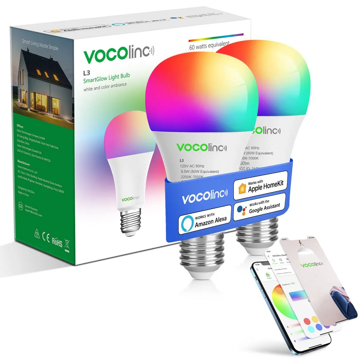 VOCOlinc SmartGlow WiFi RGBW Ambiance LED Light Bulbs – L3-2 Packs